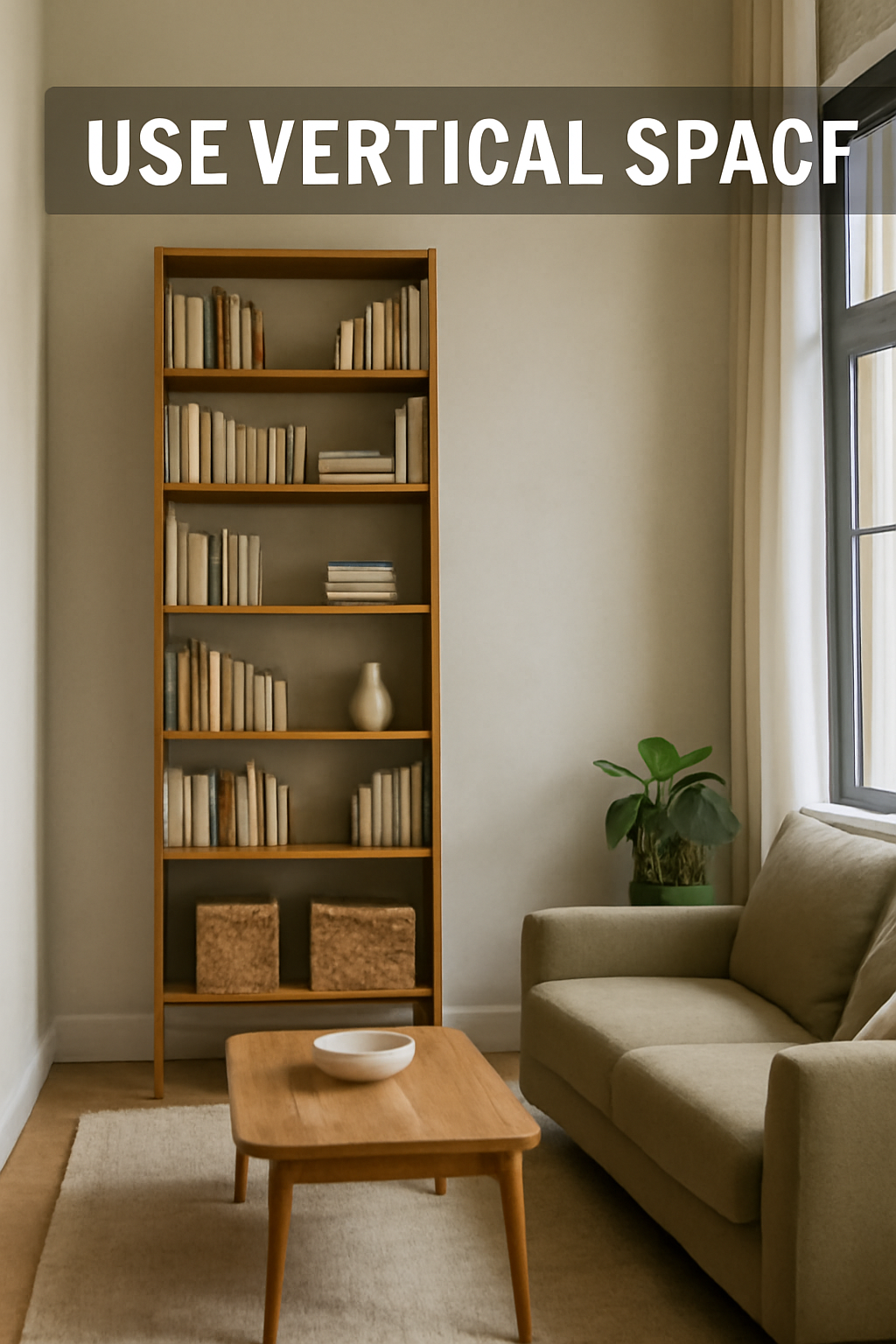 A living room with a tall wooden bookshelf filled with books, potted plants, and soft furnishings, making the most of vertical space while maintaining an airy and open feel.
