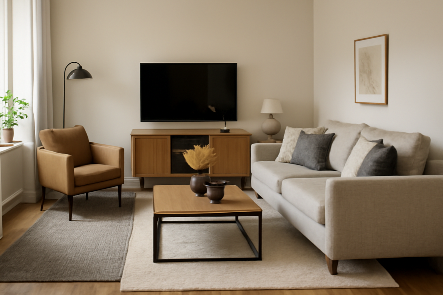 Bright living room divided into two distinct zones using rugs and furniture, featuring a cozy sofa area and a media zone with a TV and minimalist decor.