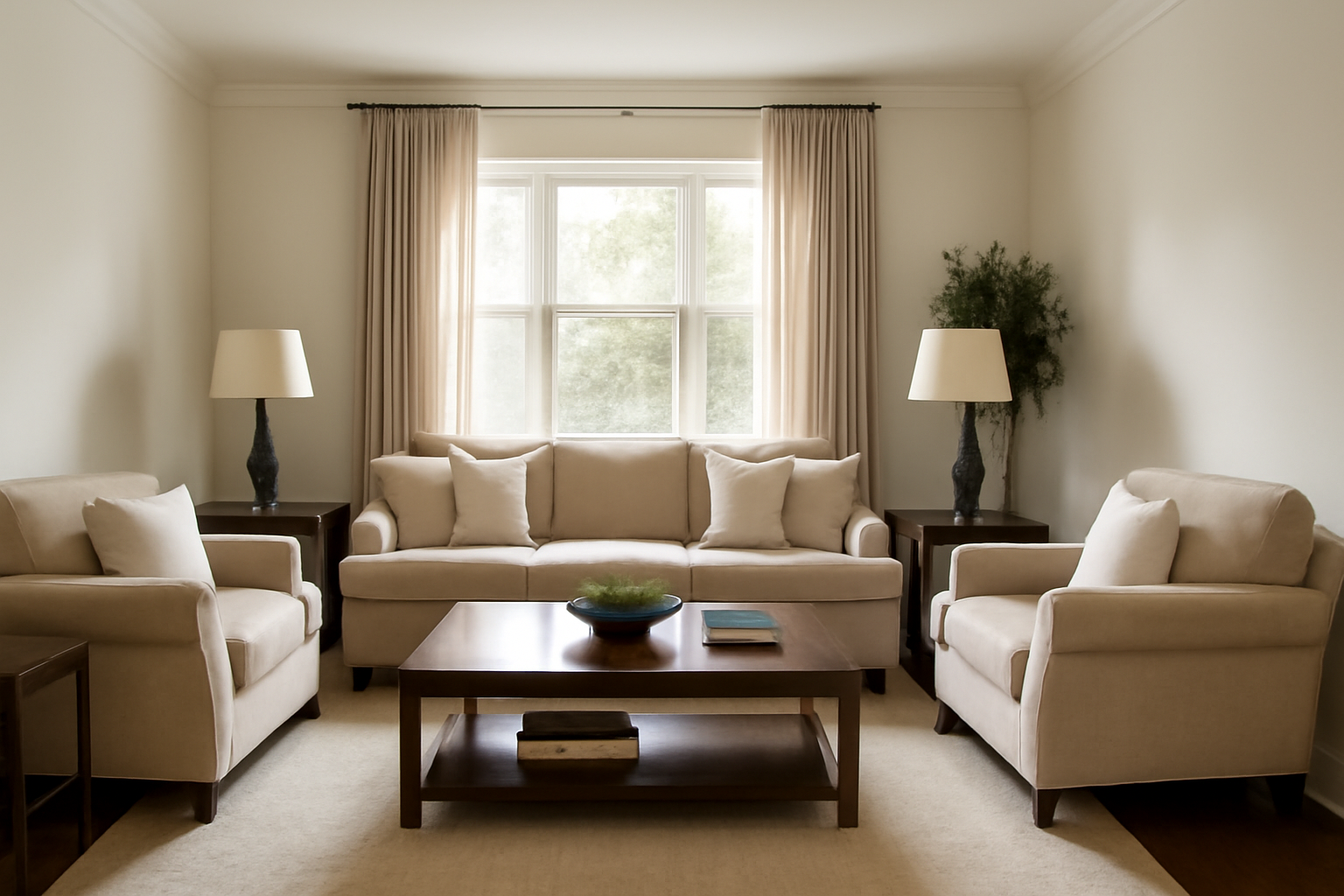 A symmetrical and well-balanced square living room featuring a beige sofa, matching armchairs, and a central wooden coffee table. The room is illuminated by natural light through large windows framed by floor-length beige curtains, creating a calm, neutral atmosphere.