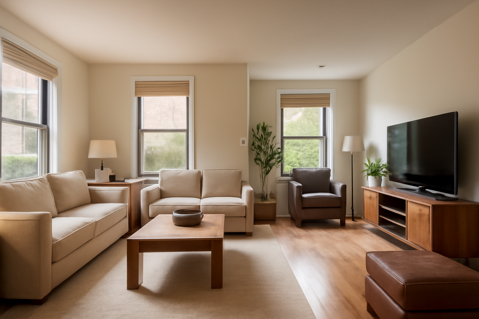 Bright and airy living room with cozy conversation area on one side and media setup on the other, showcasing warm wooden flooring, beige furnishings, and large windows
