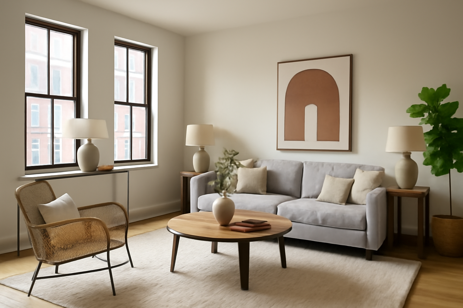 Bright and cozy living room with neutral-toned sofa, rattan armchair, and wooden coffee table, illuminated by natural light from large windows