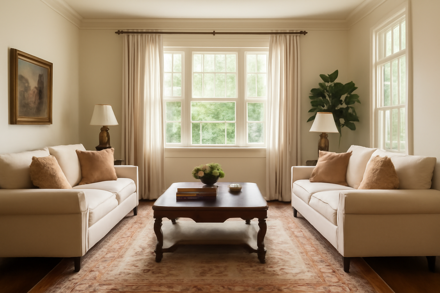 A beautifully arranged traditional living room featuring two beige sofas facing each other, with a wooden coffee table in between and natural light pouring through large windows, creating a serene and balanced atmosphere.