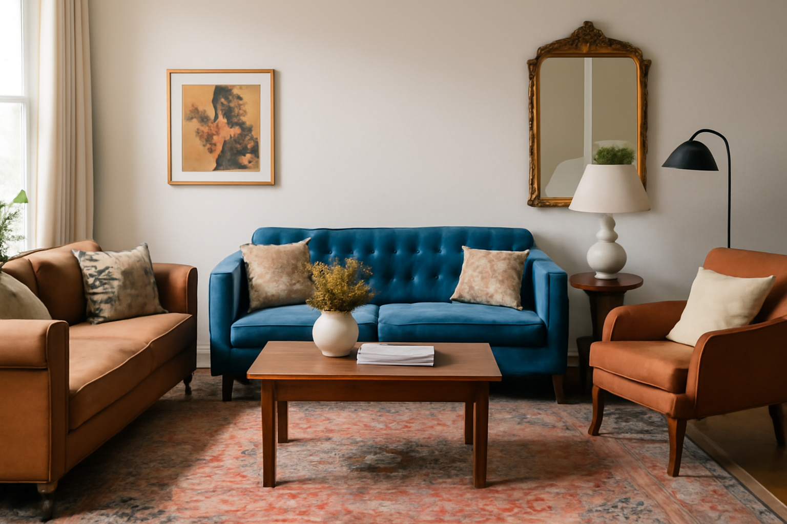  vibrant eclectic living room with a mix of vintage and modern furniture, featuring a blue velvet sofa, a camel-colored Chesterfield sofa, and a rustic wooden coffee table.