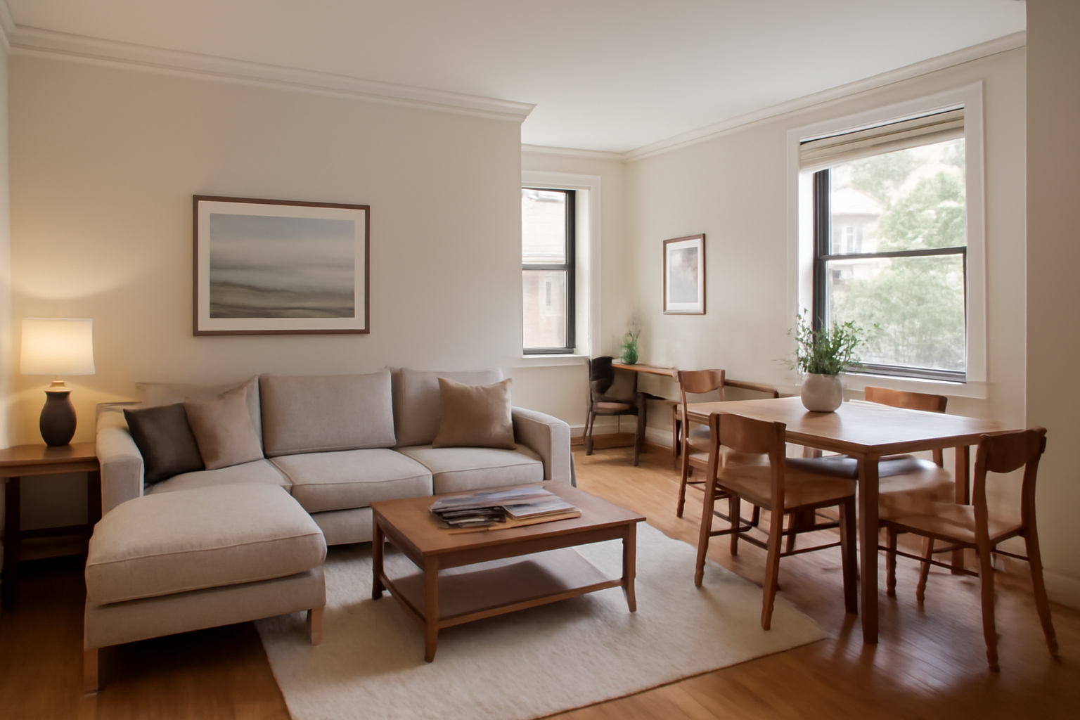 Modern L-shaped living room with a beige sofa, wooden coffee table, and a dining area featuring a wooden table and chairs, bathed in natural light.