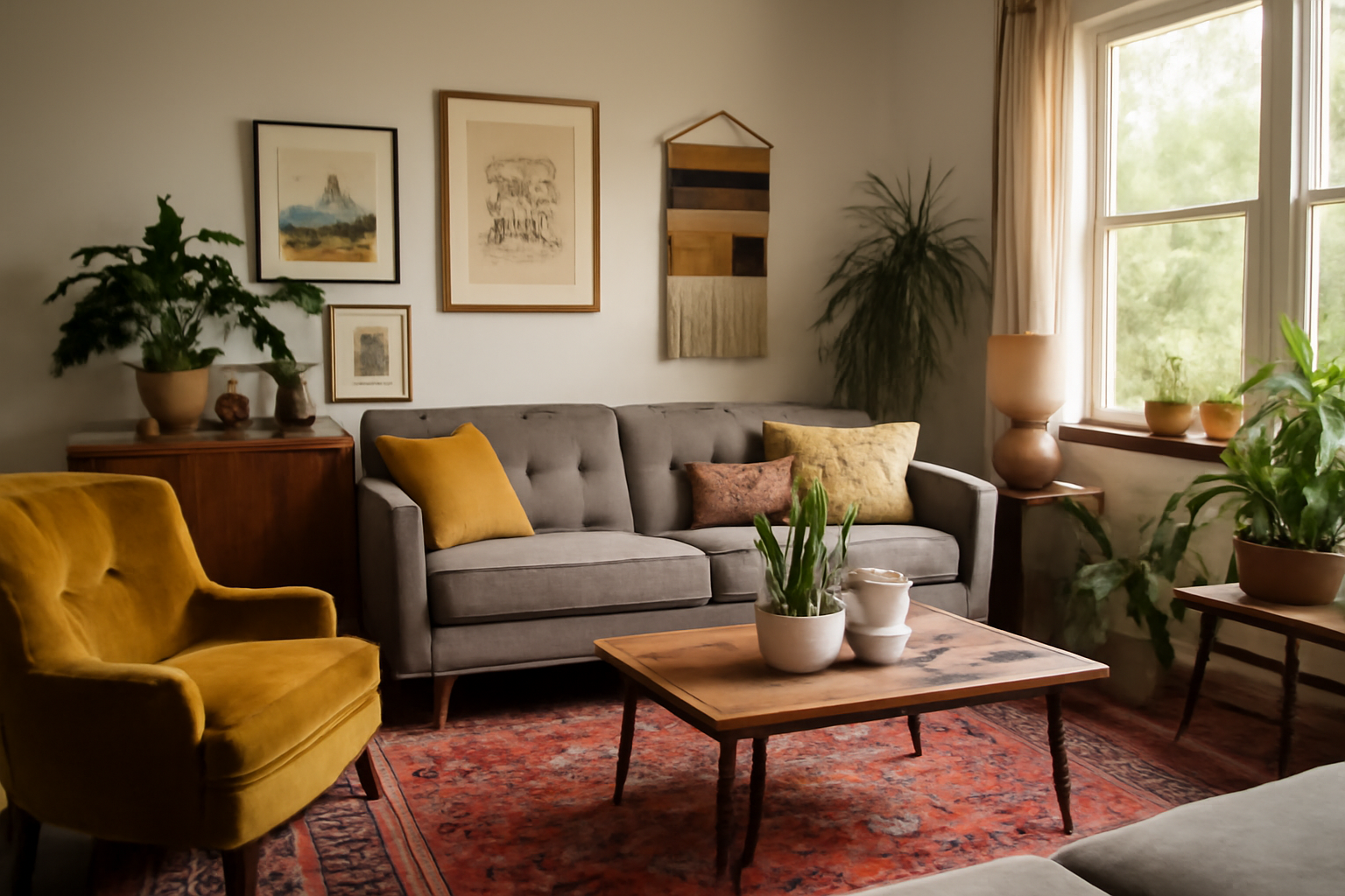 Eclectic living room design with mustard velvet armchair, gray tufted sofa, wooden coffee table, plants, and artwork on the wall