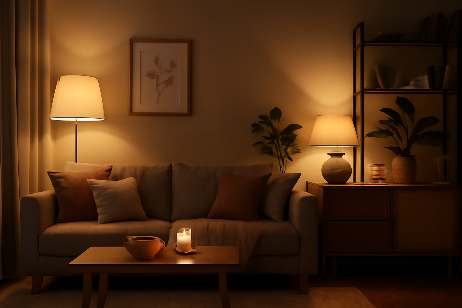 A cozy living room featuring warm lighting from ambient and accent sources, creating a relaxing and inviting atmosphere with a beige sofa, decorative cushions, and plants.