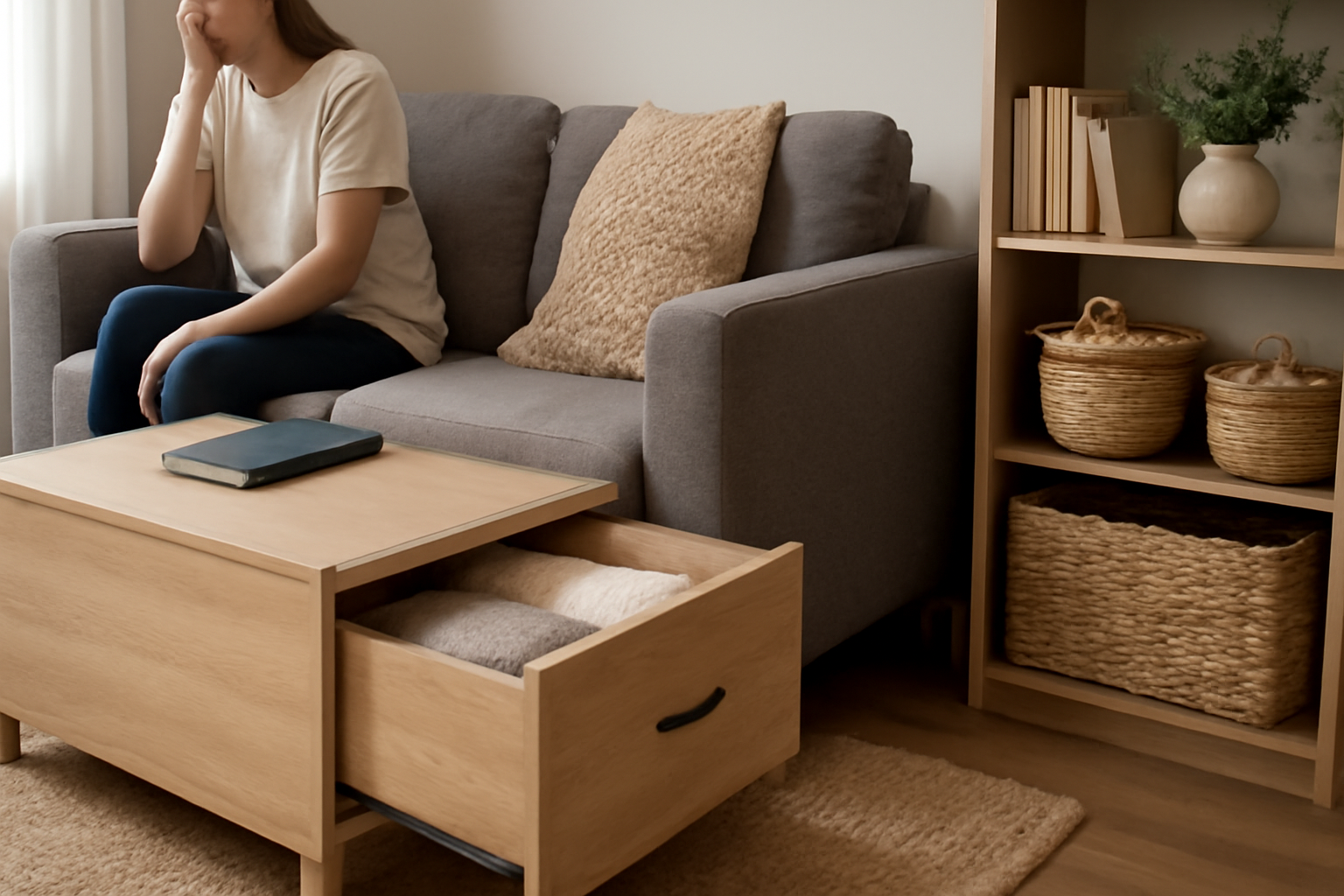 A modern living room featuring a gray sofa with built-in storage, a wooden coffee table with folded clothes, and shelves with woven baskets and plants, all in natural daylight.