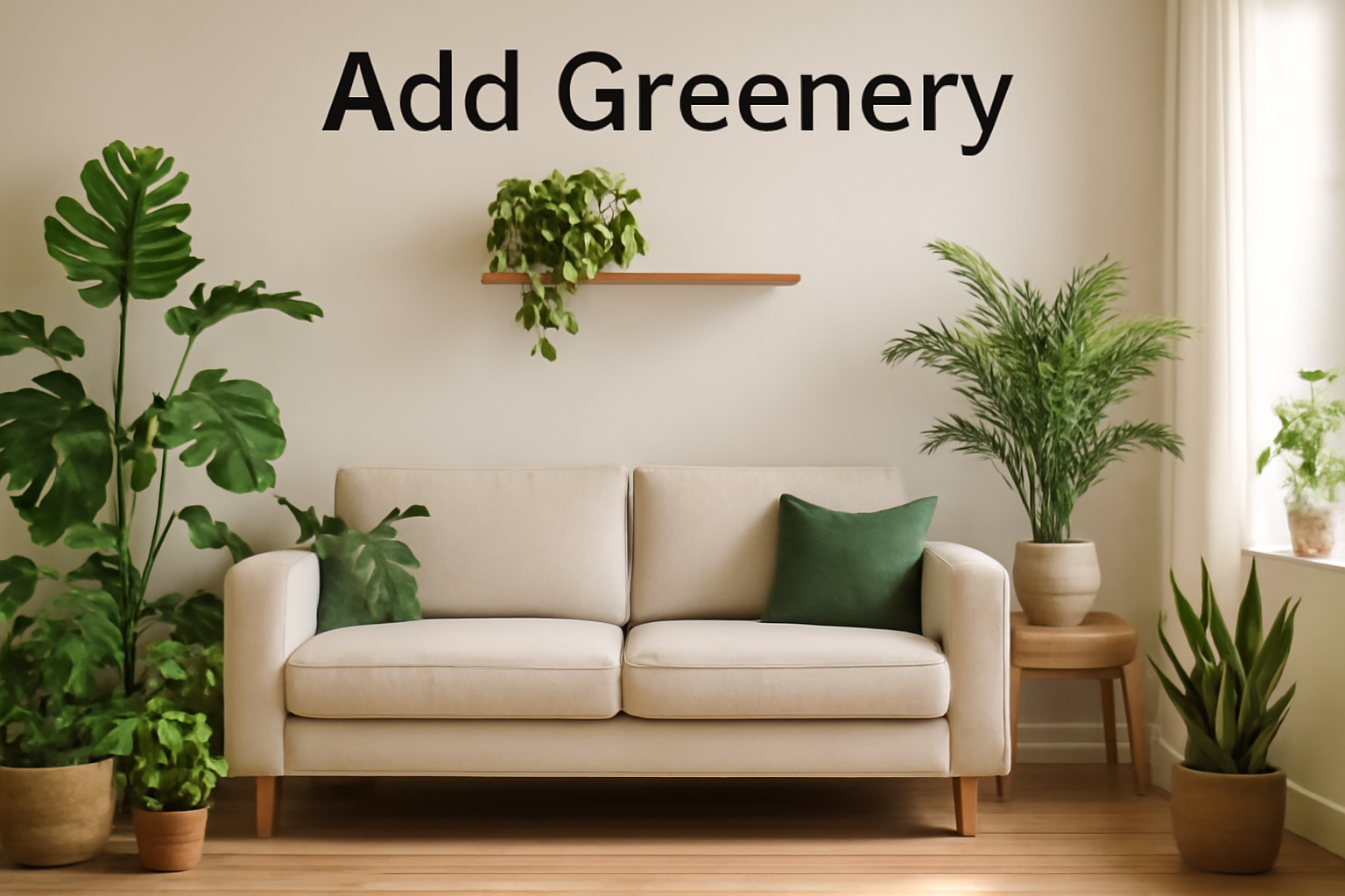 Modern living room with lush indoor plants and beige sofa, creating a serene and vibrant atmosphere with natural light