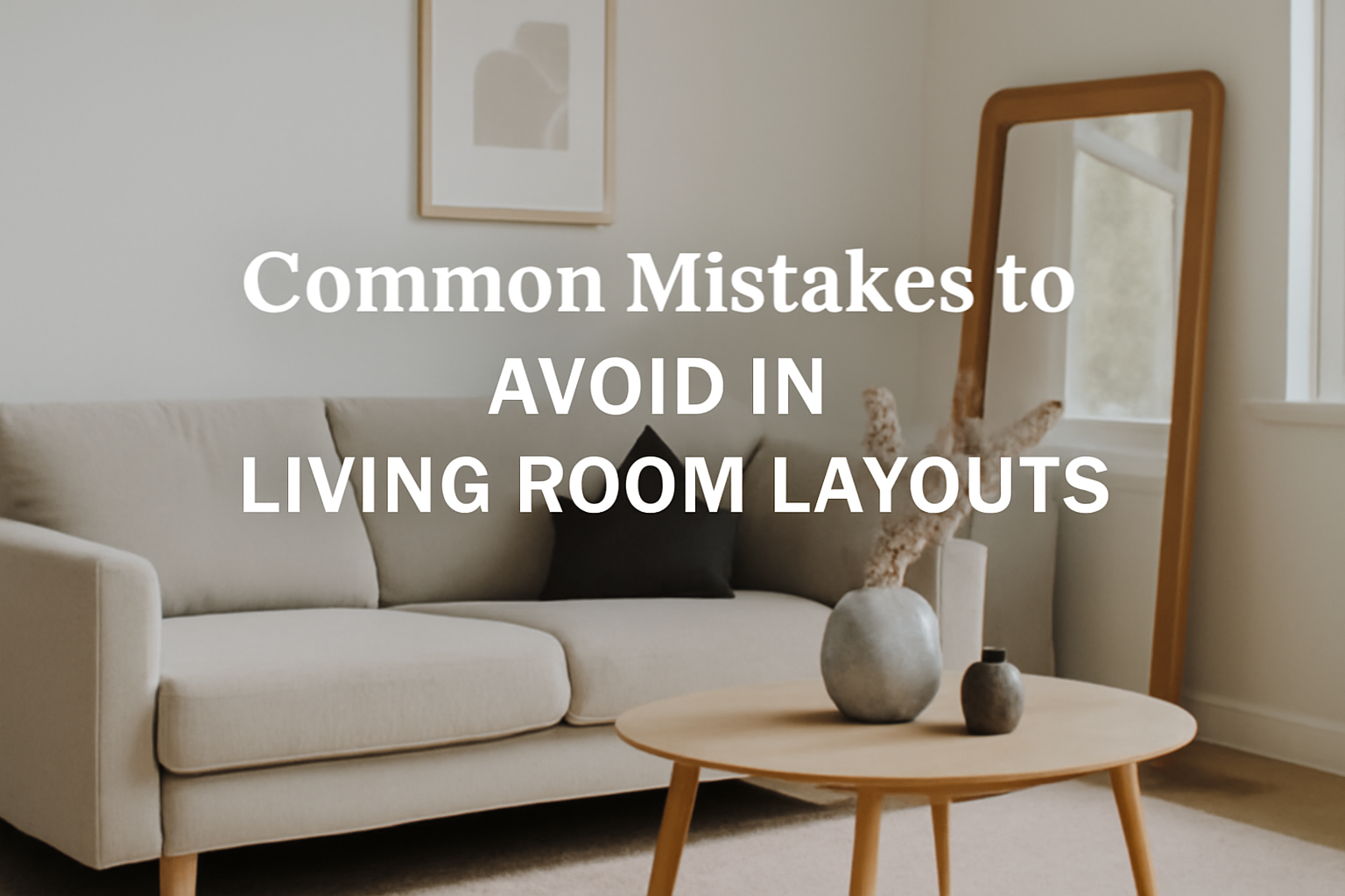 Modern living room layout with neutral tones and a beige sofa. Avoid common mistakes such as furniture touching walls and blocking natural light.