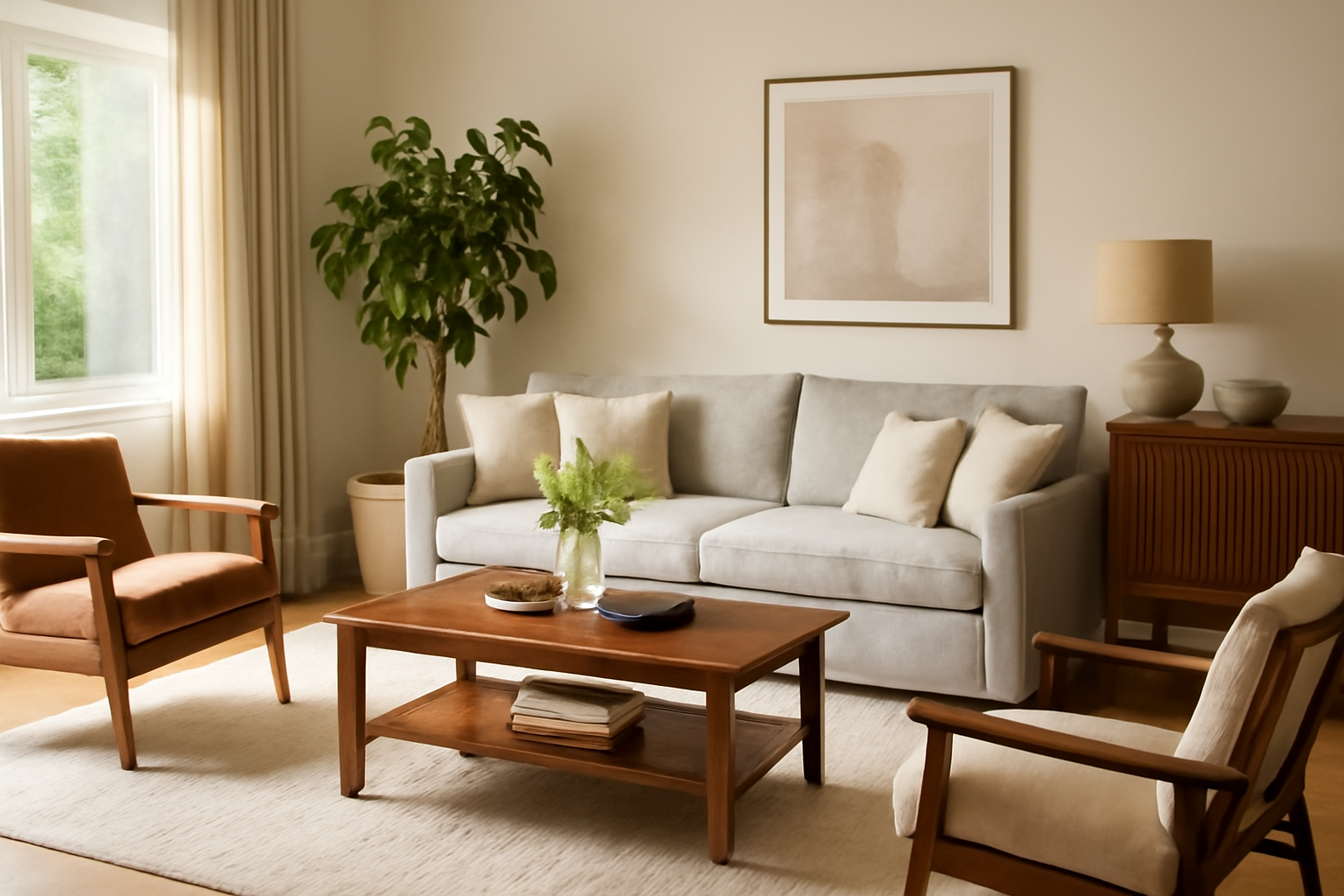 A cozy and inviting living room with a light gray sofa, wooden coffee table, and a large fiddle-leaf fig tree, featuring natural light, soft off-white walls, and earthy accents, perfect for a balanced living room layout.