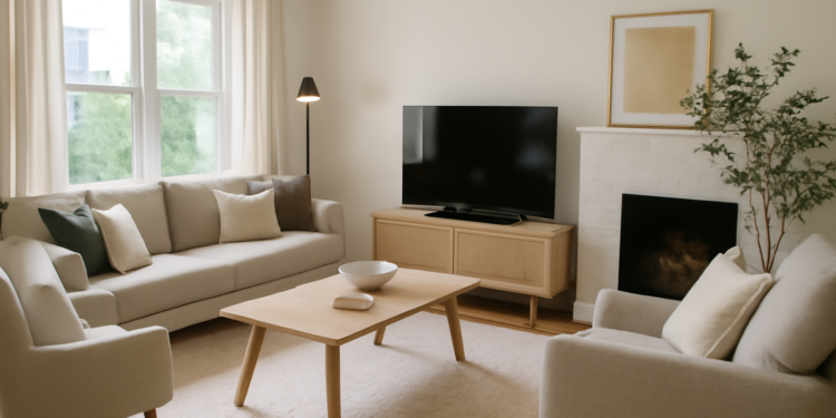 A bright and airy modern living room layout with an L-shaped sofa, coffee table, TV, and a fireplace, designed for comfort and style.
