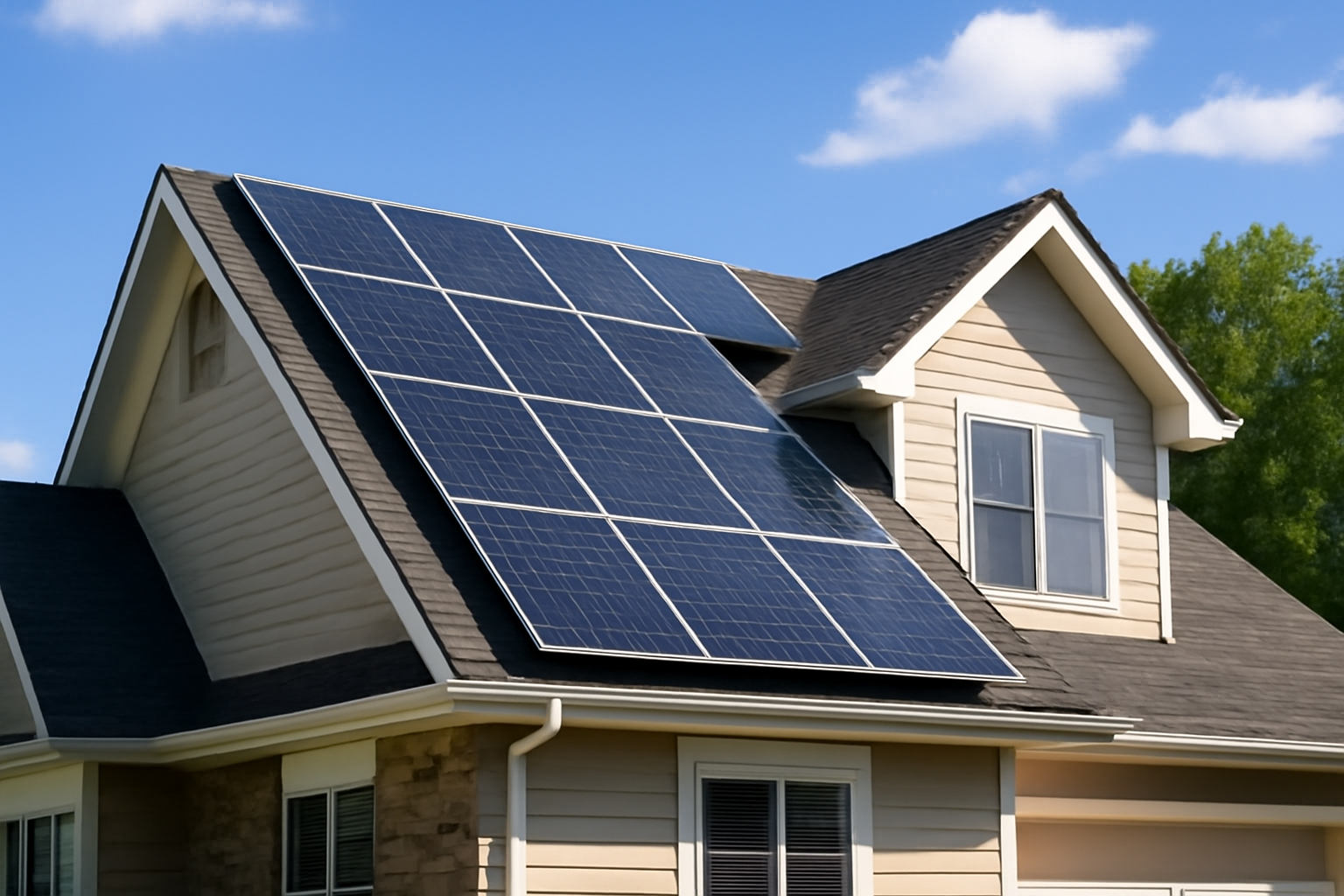 Close-up of solar panels on a house roof on a sunny day, symbolizing lower energy bills and smart energy management with energy-efficient appliances.