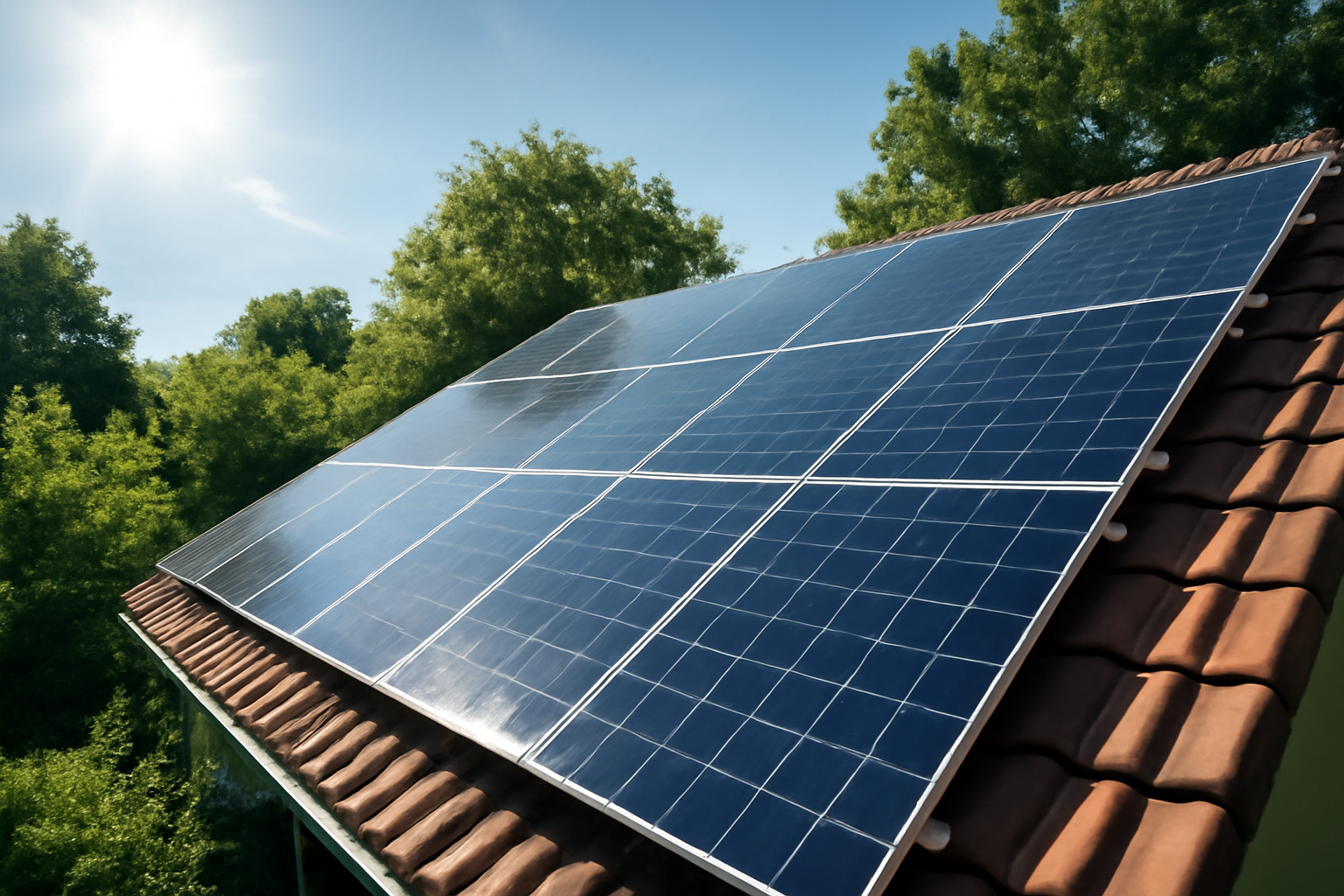 Modern solar panels on a rooftop surrounded by green trees under clear sky representing clean and renewable solar energy for environmentally friendly homes