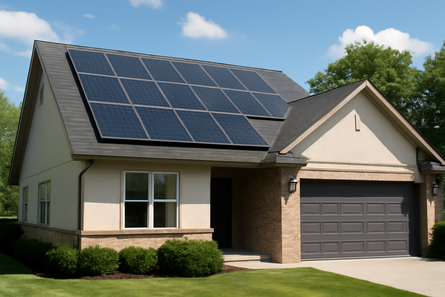 Solar panels installed on a modern home rooftop generating clean electricity for energy independence from the power grid
