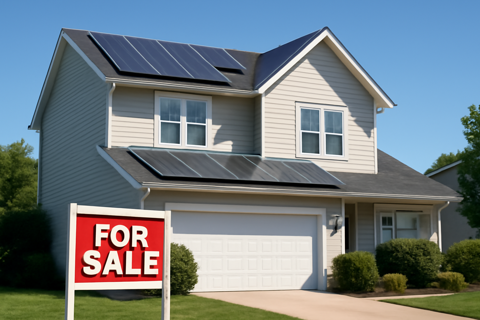 Photo of a modern suburban house with solar panels on the roof under clear blue sky, highlighting how solar energy systems increase property value and attract home buyers.