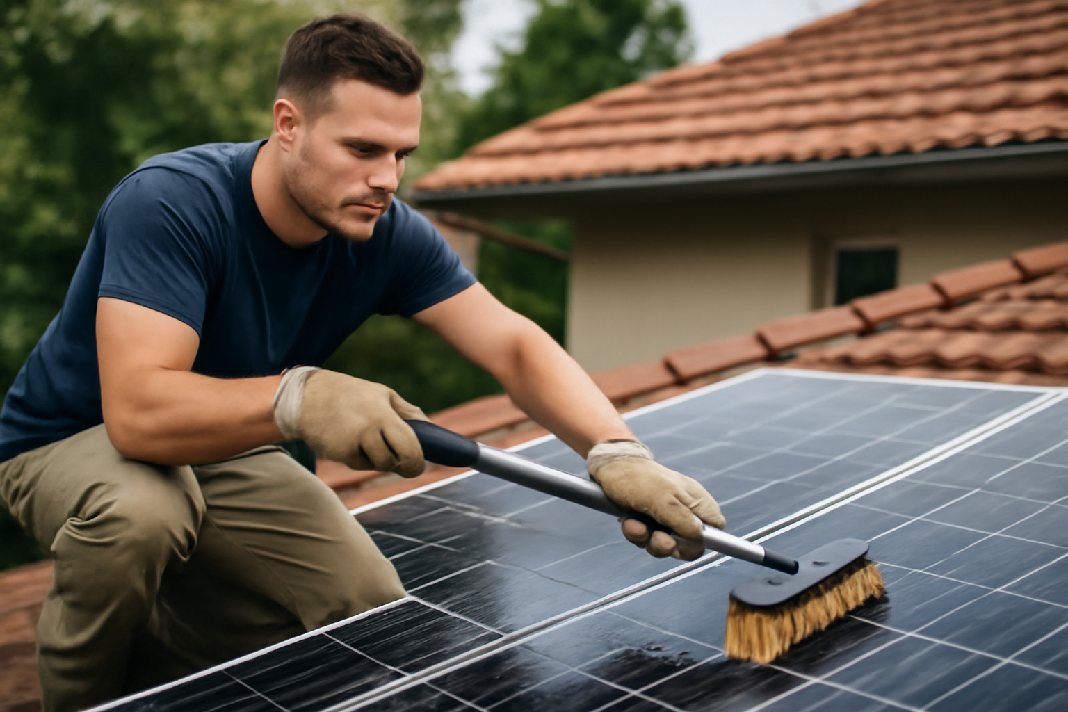 A man carefully cleaning a solar panel on a terracotta-tiled rooftop during daytime, illustrating the minimal maintenance required for solar panels to last 25-30 years.

