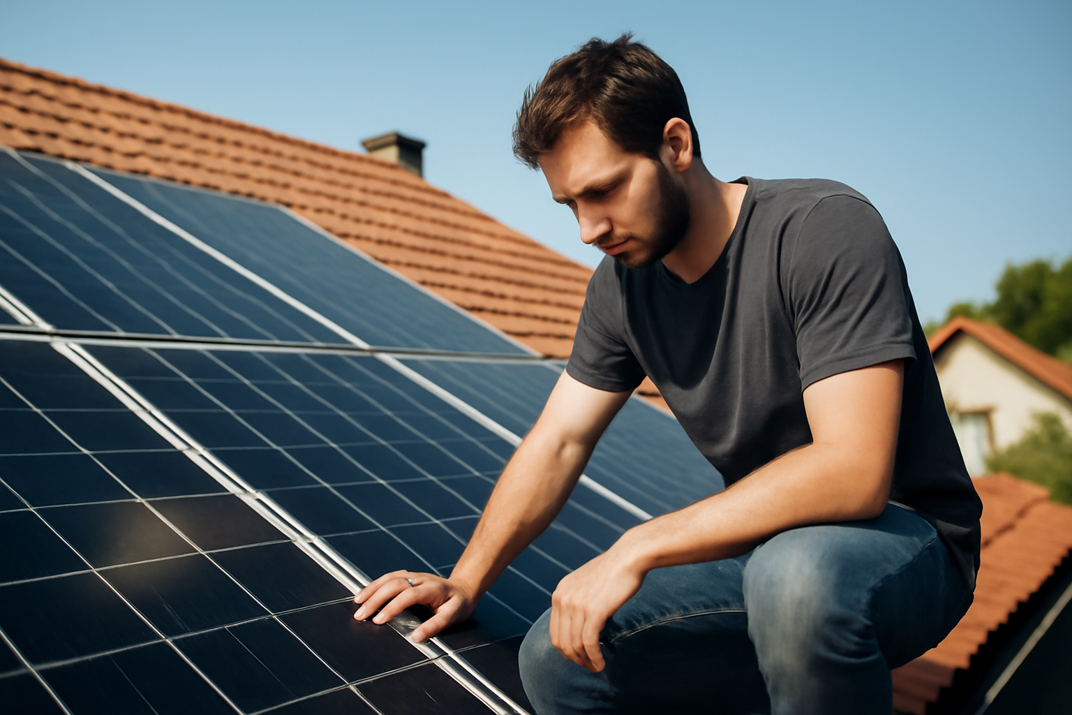 Homeowner inspecting newly installed solar panels on a rooftop under bright sunlight, illustrating the high initial costs of solar energy installation with clear and sharp details.

