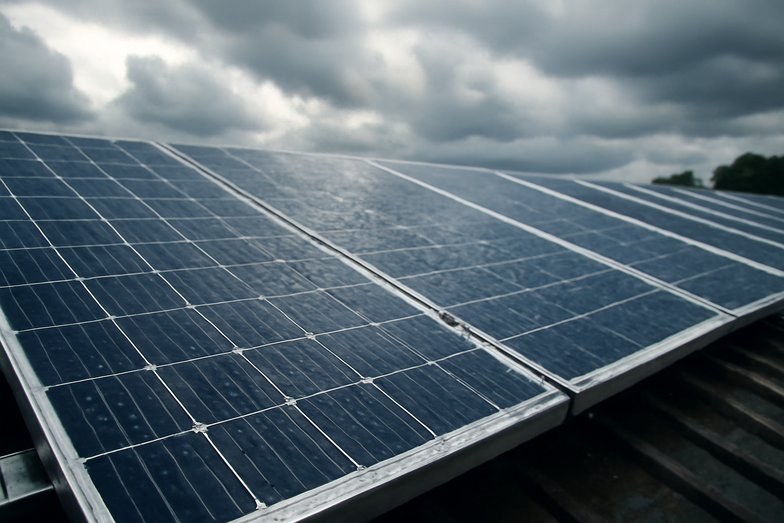 Solar panels on a rooftop with clouds and rain droplets, illustrating reduced efficiency due to weather conditions like cloudy and rainy days.