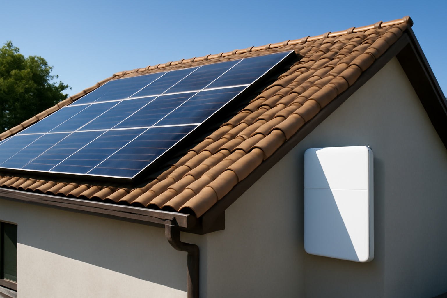 High-quality image of a residential rooftop solar panel system paired with a home battery storage unit, illustrating energy storage costs and solar energy usage limitations.