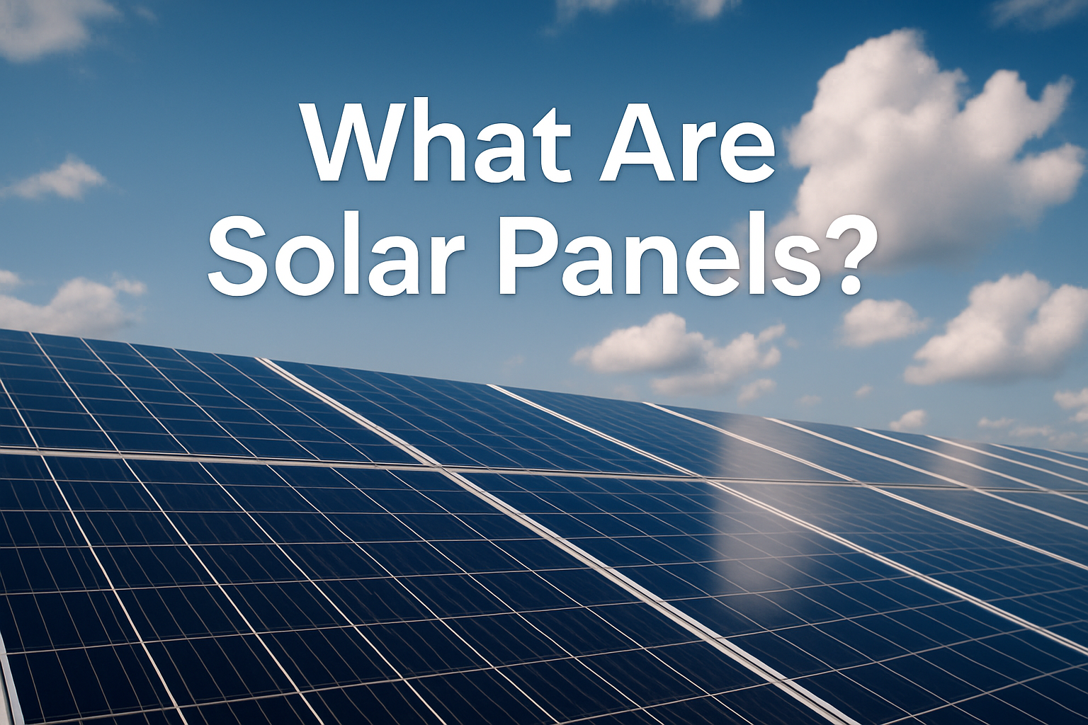 Clean digital photo of solar panels under a blue sky with clouds, illustrating the concept of converting sunlight to electricity using photovoltaic cells.