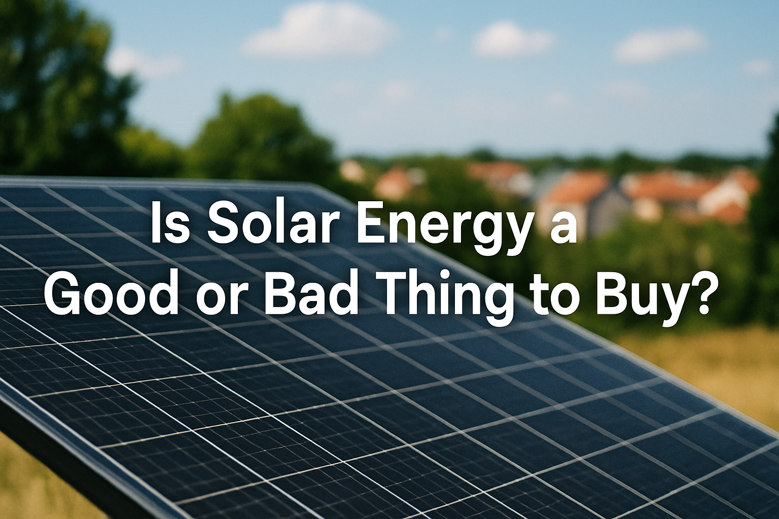 Solar panel installed in a sunny suburban neighborhood with question text overlay asking if solar energy is a good or bad investment.