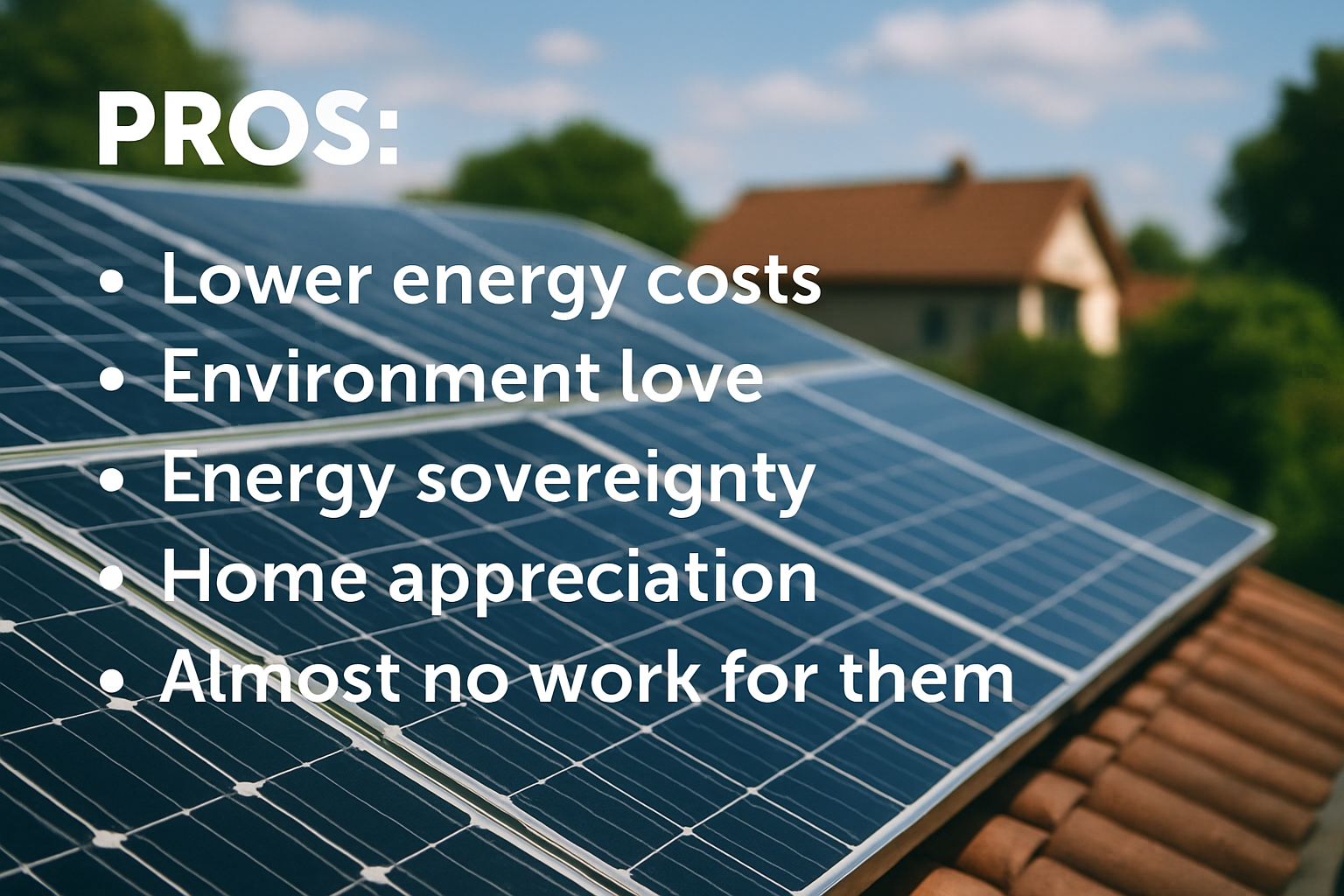 Solar panels on a rooftop with text overlay listing benefits like lower energy costs, environmental impact, energy independence, increased home value, and low maintenance.