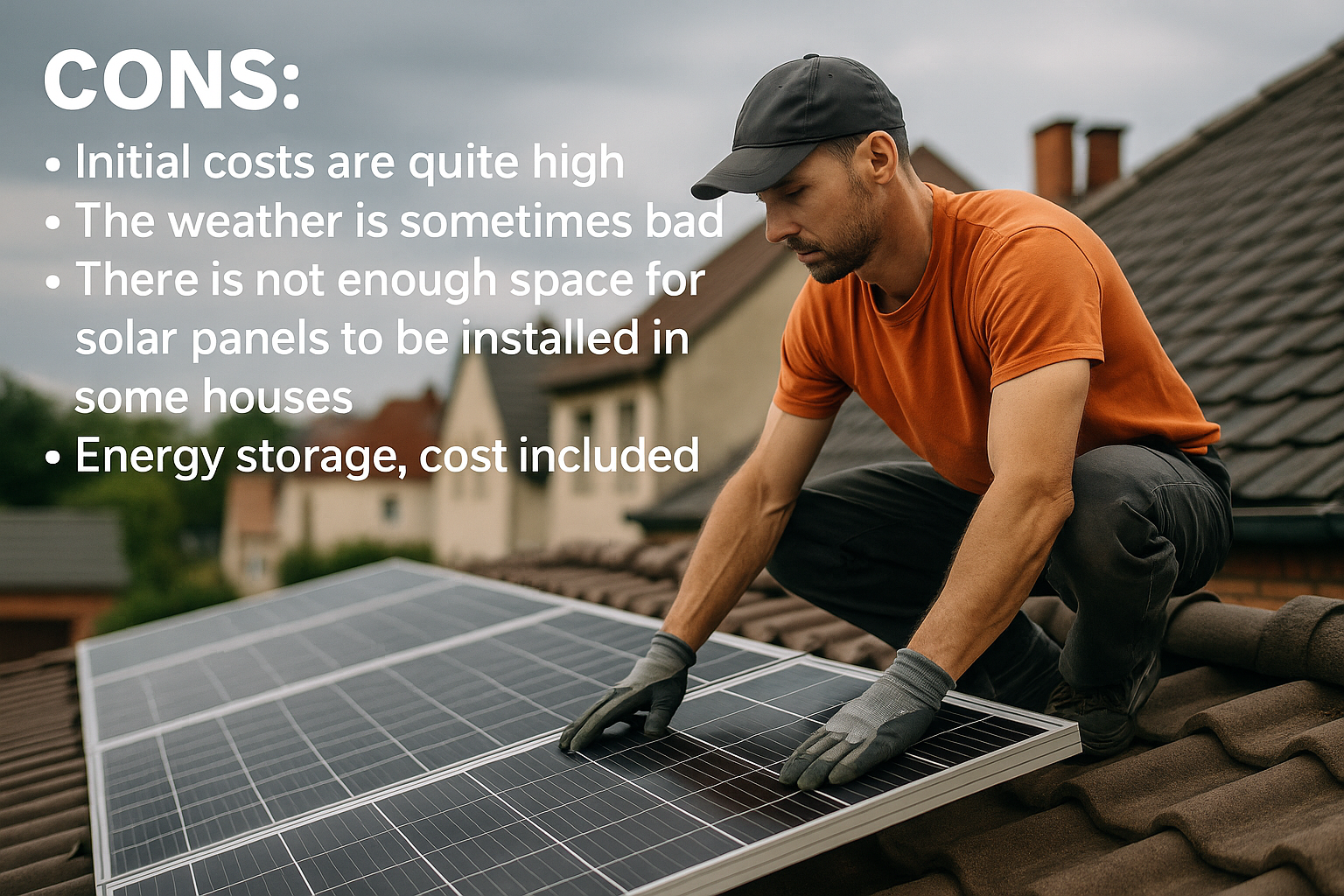 A worker installs solar panels on a roof under cloudy skies with text highlighting the downsides such as high cost, bad weather, limited roof space, and energy storage expenses.