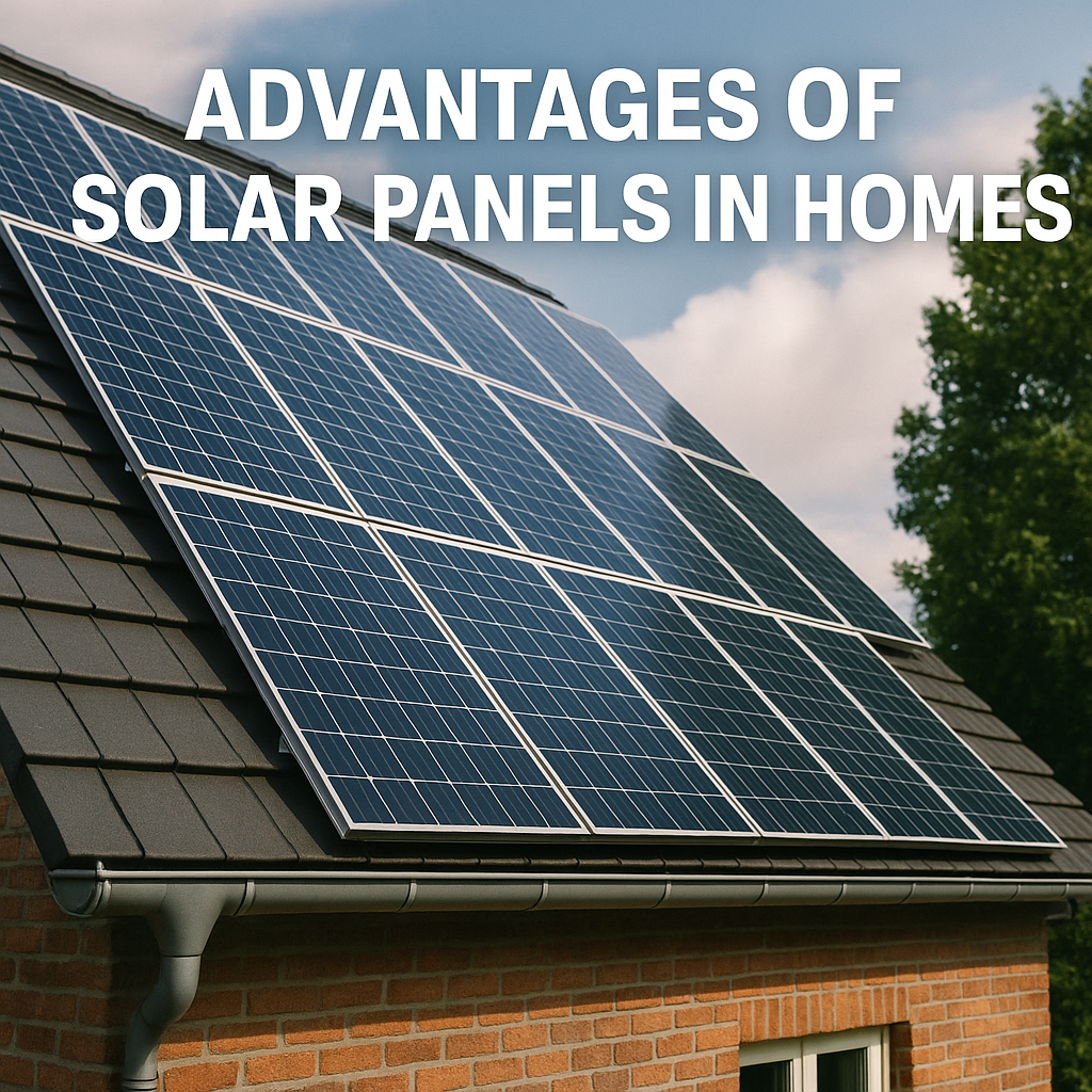 High-quality photo of solar panels installed on a modern home roof under a blue sky, highlighting sustainable energy benefits.