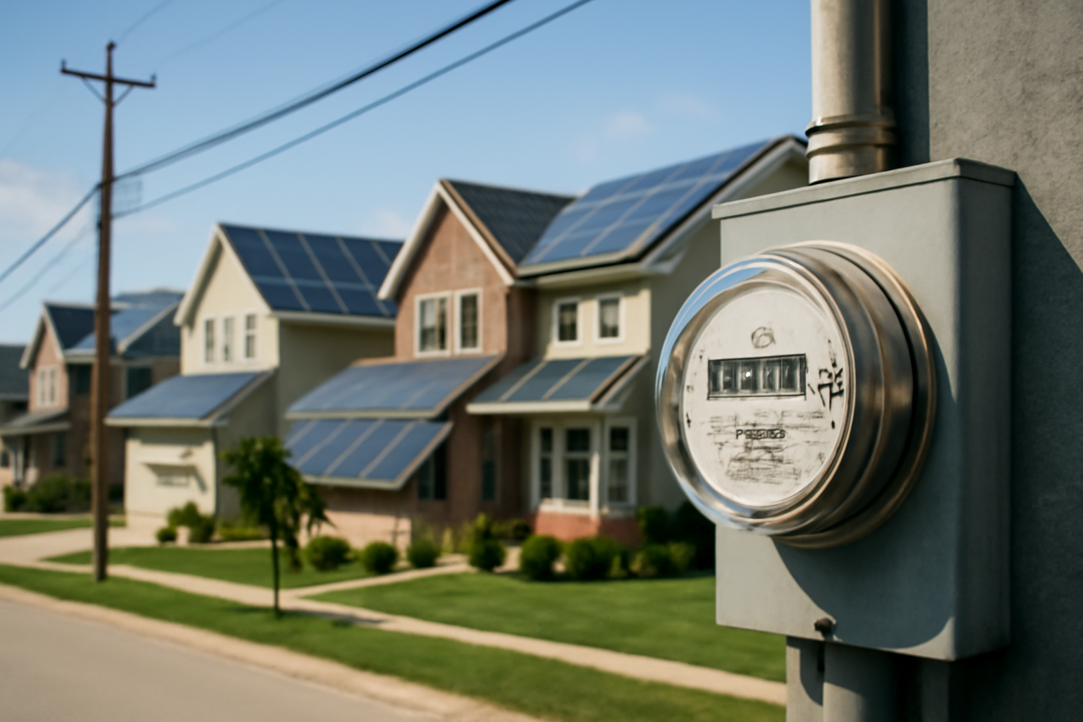 Suburban neighborhood with solar panels on rooftops and electricity meter showing high local electricity rates, illustrating cost savings with solar energy.