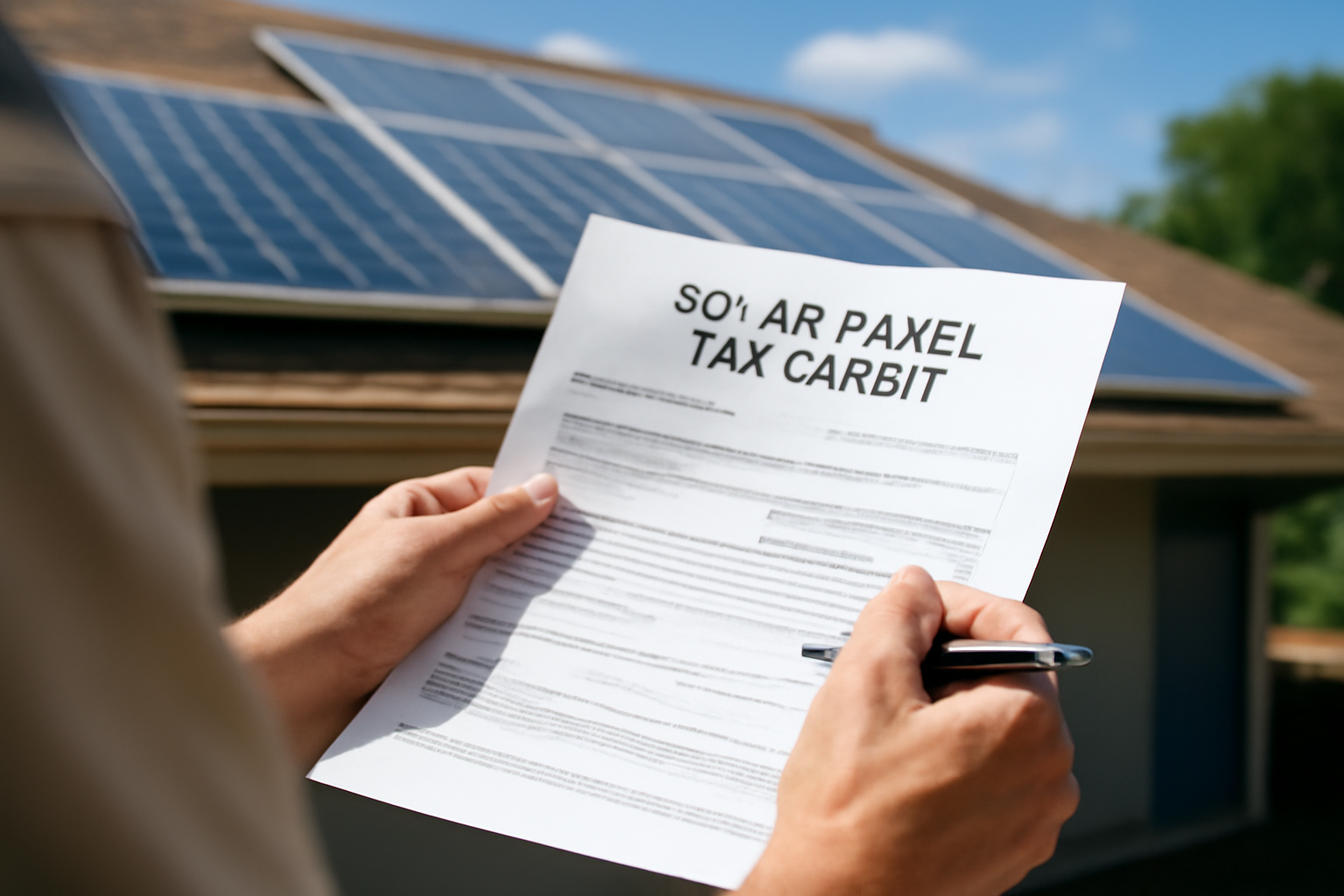 Close-up of a homeowner reviewing solar panel tax credit documents with a solar panel system in the background under clear skies.