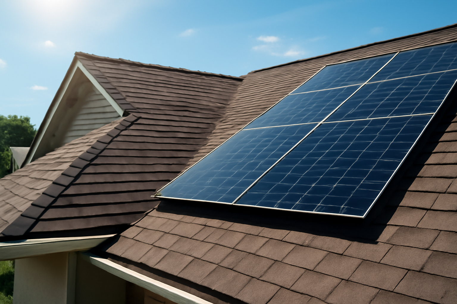 High-quality photo of a well-maintained sun-facing residential roof prepared for solar panel installation, showcasing clean shingles and sunlight exposure.