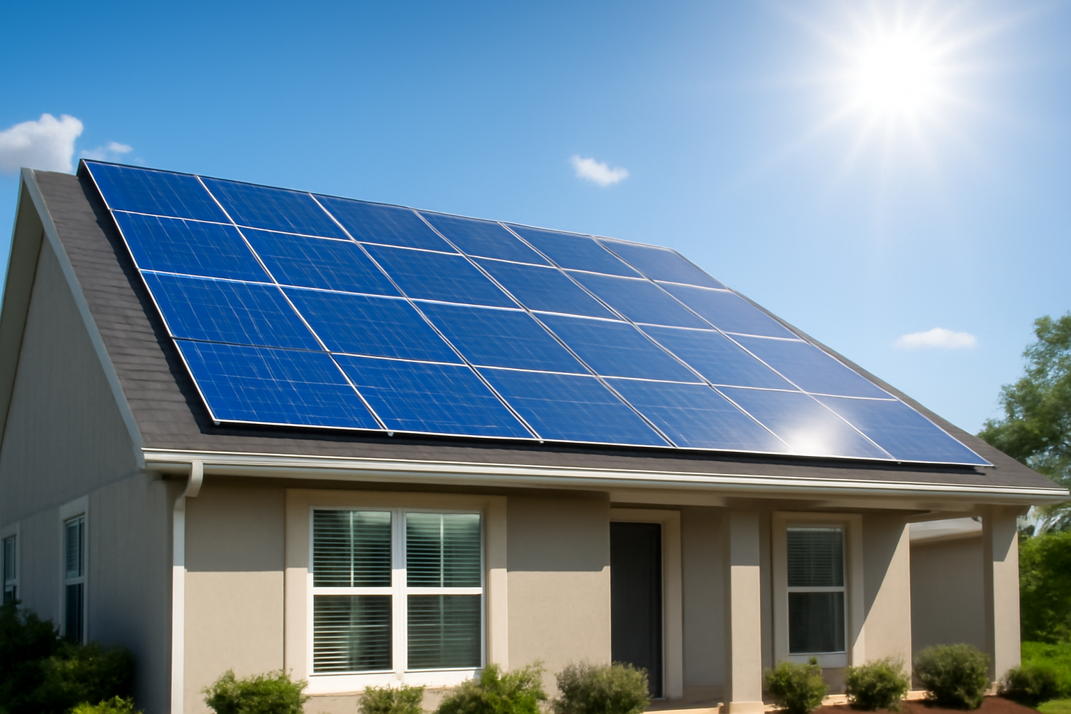 Sunlit modern house rooftop covered with solar panels, symbolizing long-term savings on electricity bills through solar energy.