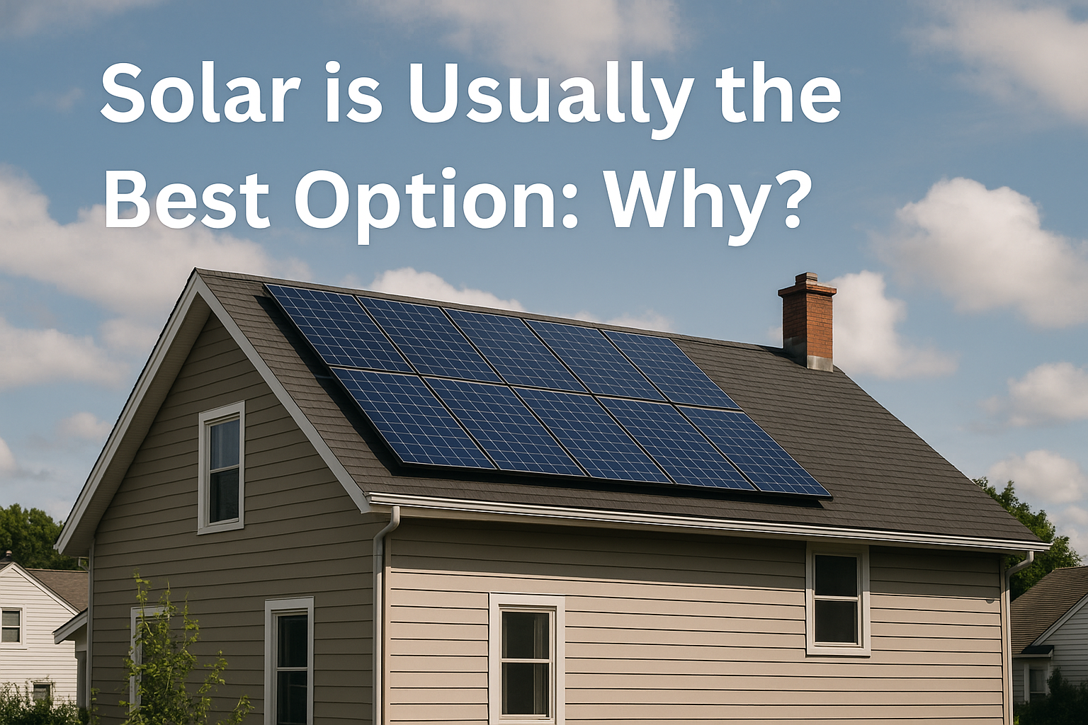 A photograph of a suburban home with rooftop solar panels under a sunny sky, illustrating the benefits of solar energy for long-term savings and sustainability.