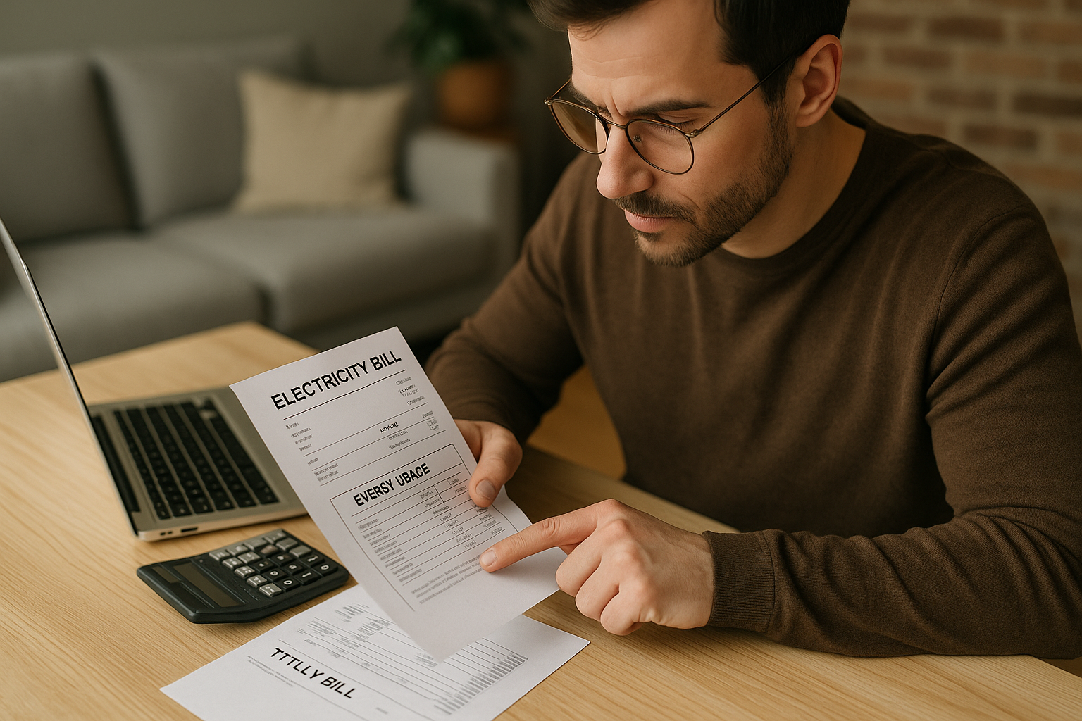 Man reviewing monthly electricity bill and energy usage data at home using a laptop and calculator, assessing power consumption for cost-saving opportunities.