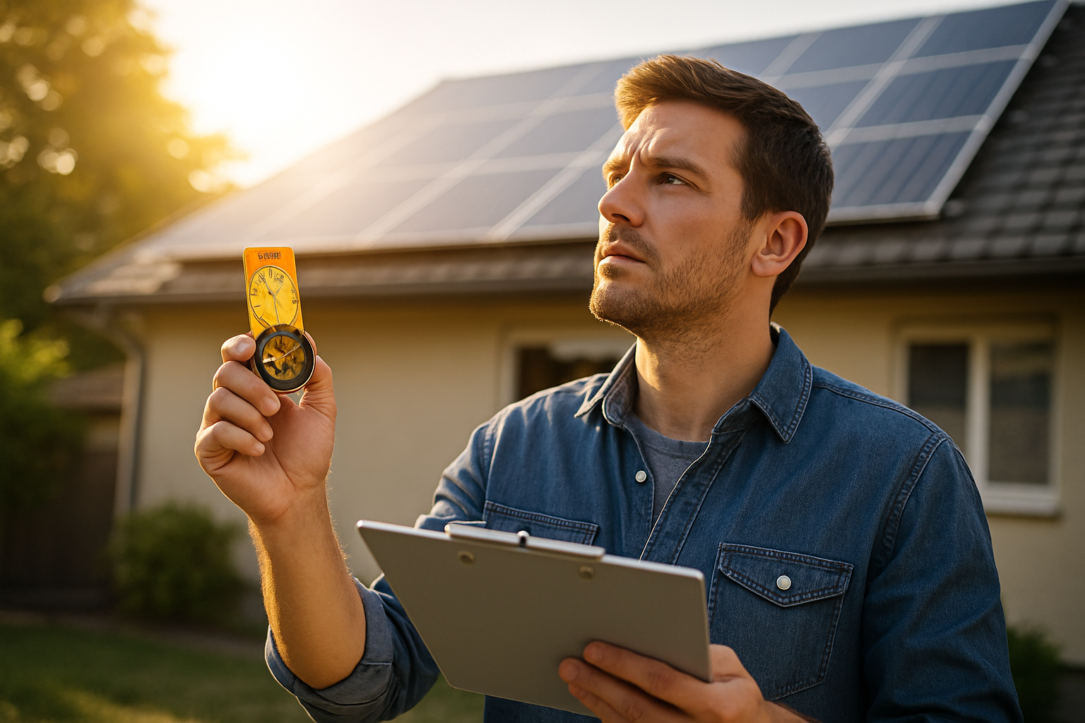 Man checking sunlight direction with a compass in front of a solar-paneled house to assess solar energy potential