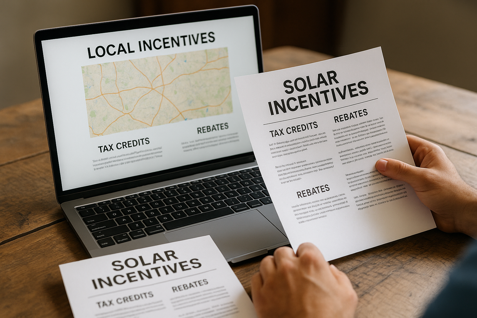 Person researching local solar incentives, tax credits, and rebates on a laptop and printed documents to reduce solar installation costs.

