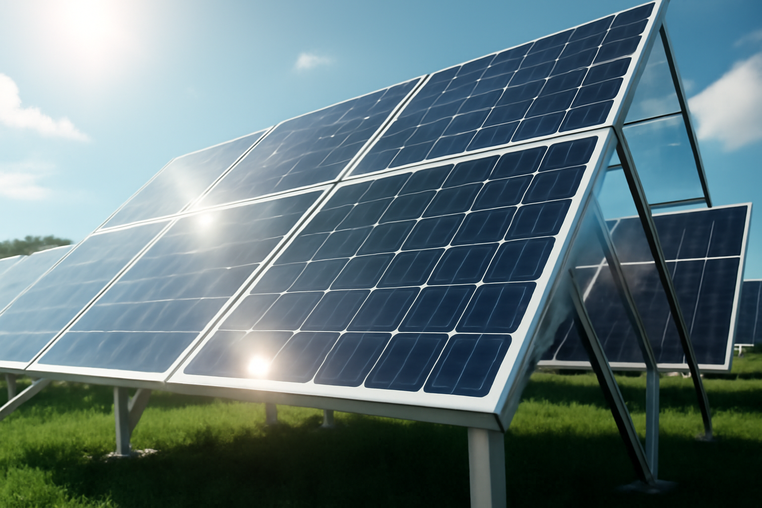 High-tech bifacial solar panels installed outdoors, absorbing sunlight on both sides to maximize energy efficiency, symbolizing technological advancements in solar energy.