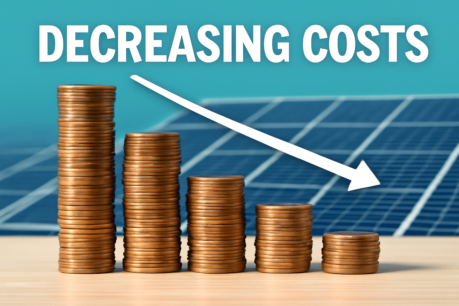 Stacks of copper coins decreasing in height in front of solar panels illustrating the decreasing costs of solar energy.
