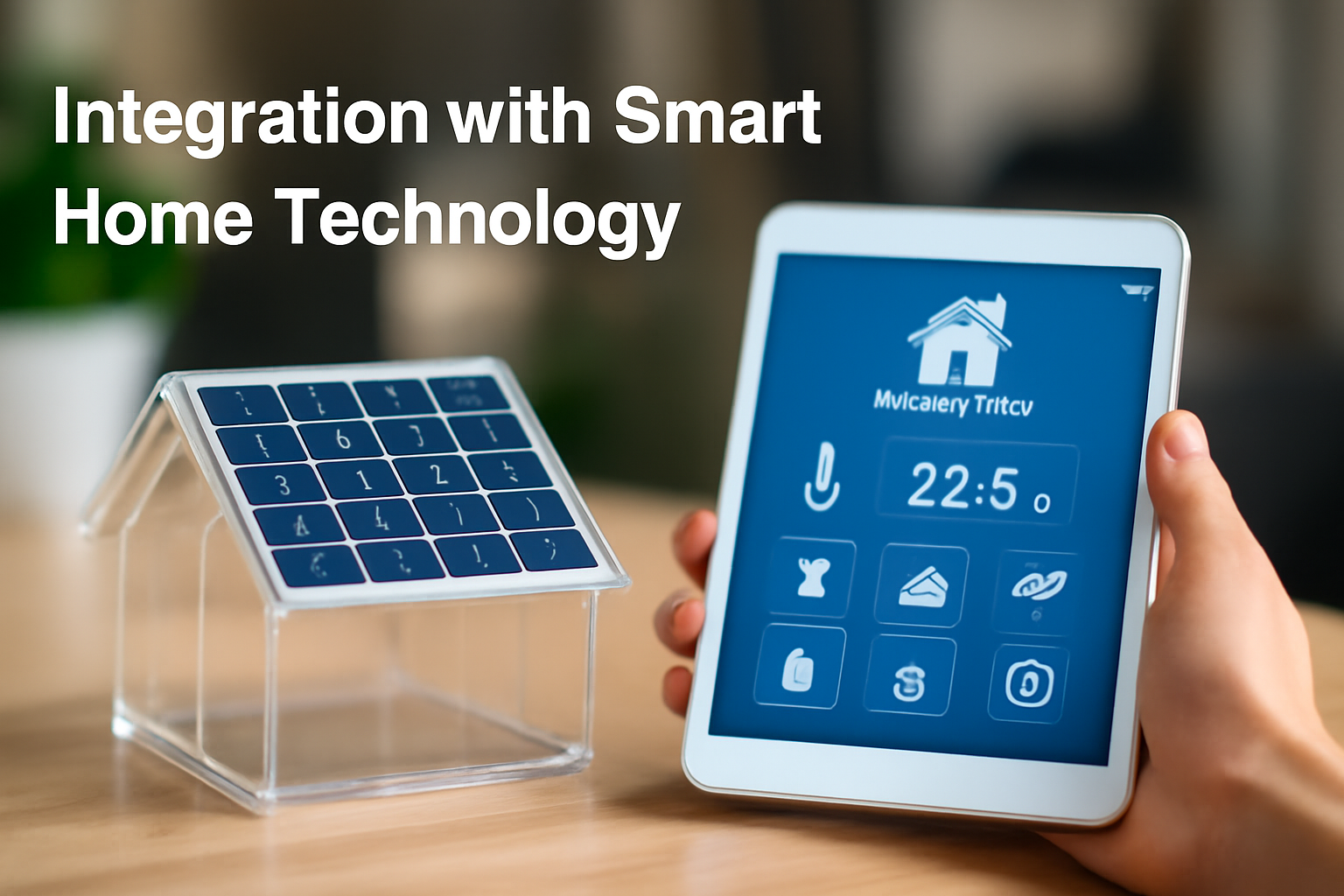  Tablet displaying smart home control interface next to a miniature solar panel model, illustrating solar systems integrated with smart home technology for efficient energy management.

