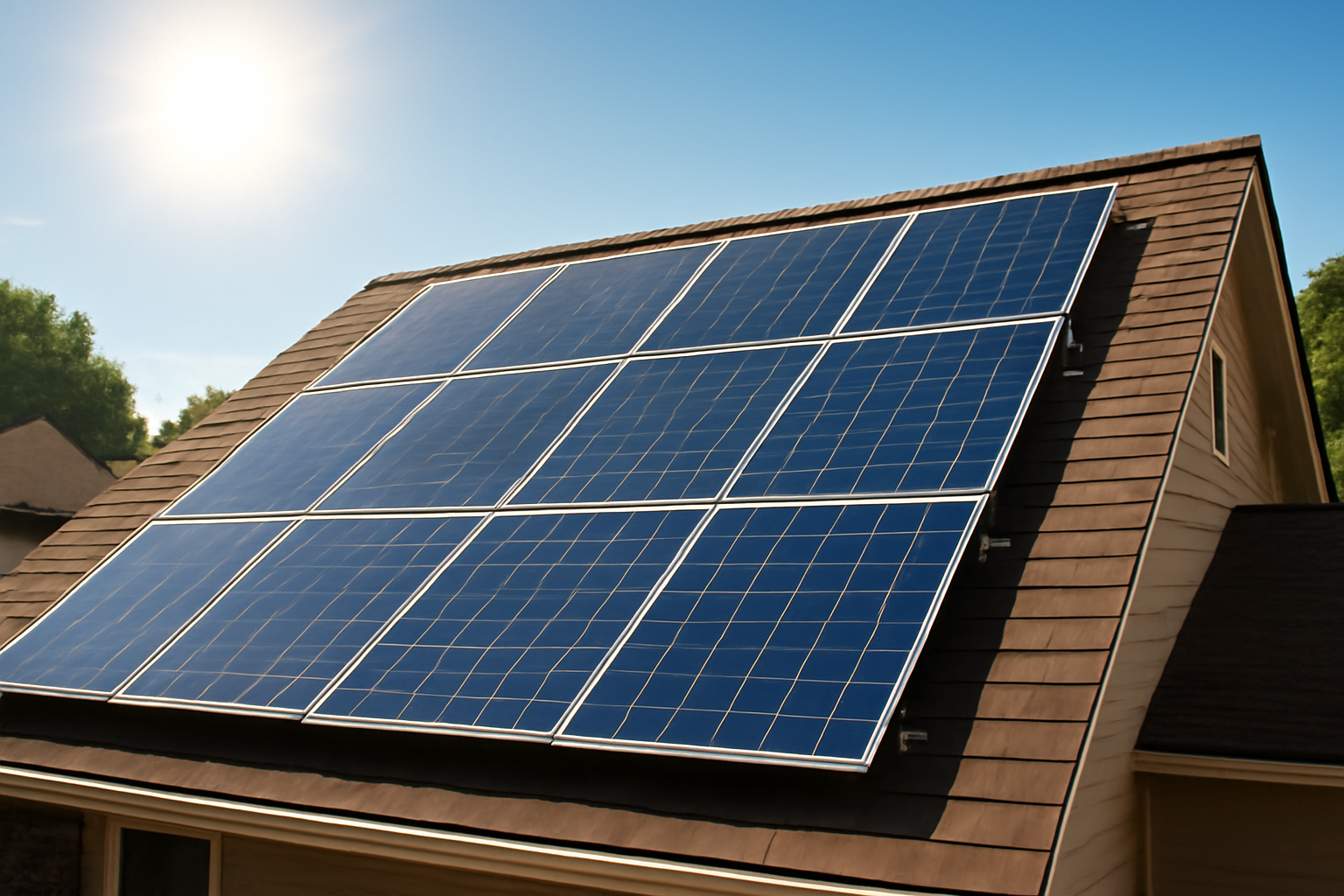 Modern solar panels installed on a house rooftop converting sunlight into renewable energy to reduce carbon footprint and pollution