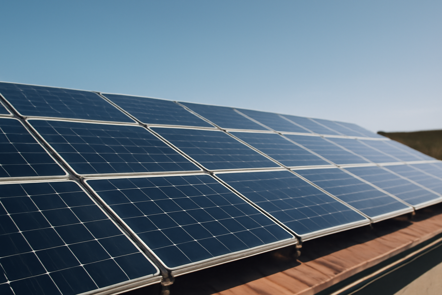 Close-up of solar panels absorbing sunlight under a clear blue sky, symbolizing sustainable energy production.

