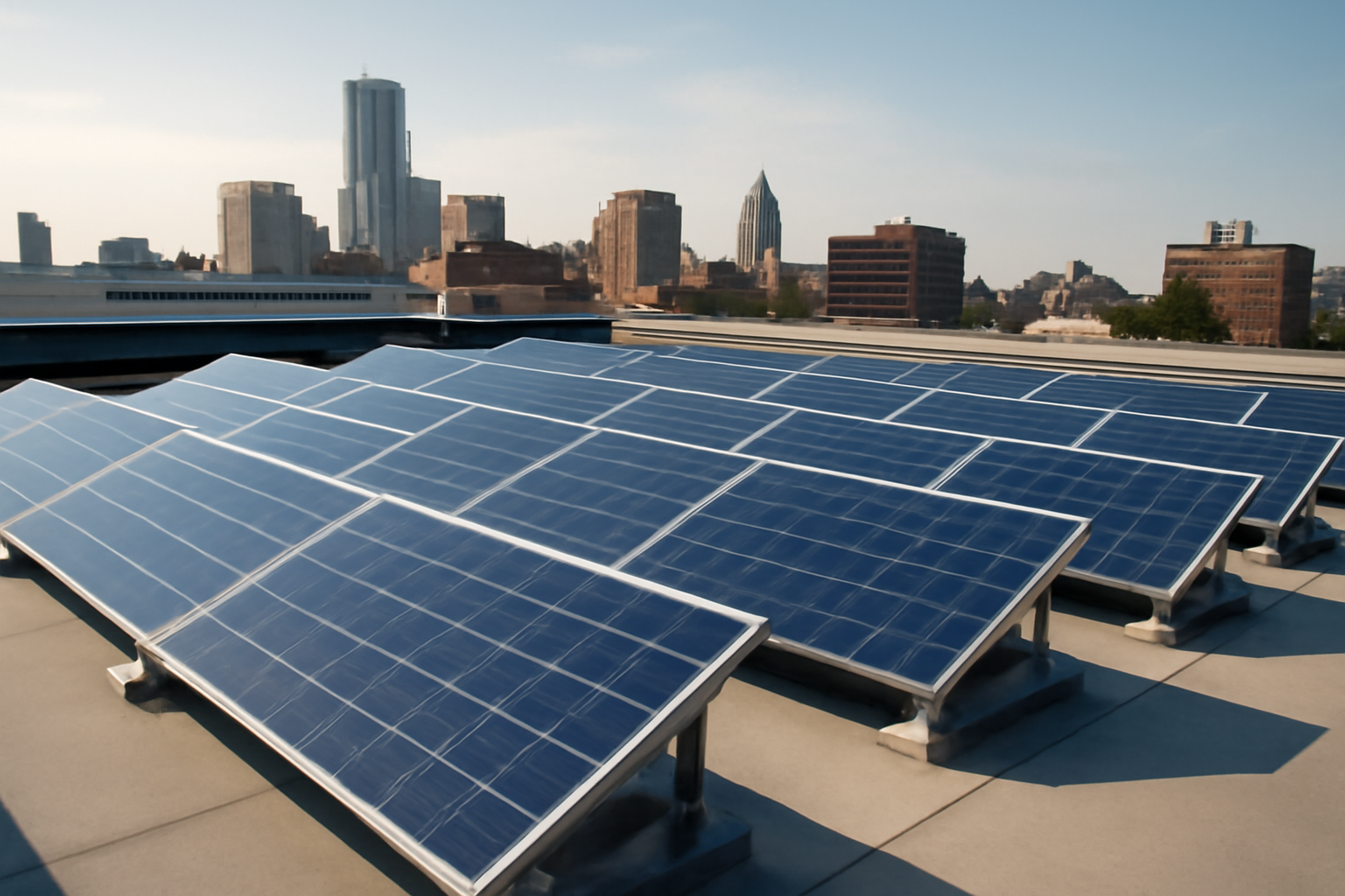High-quality photo of solar panels installed on a building rooftop, demonstrating efficient land use for renewable energy without occupying additional land space.
