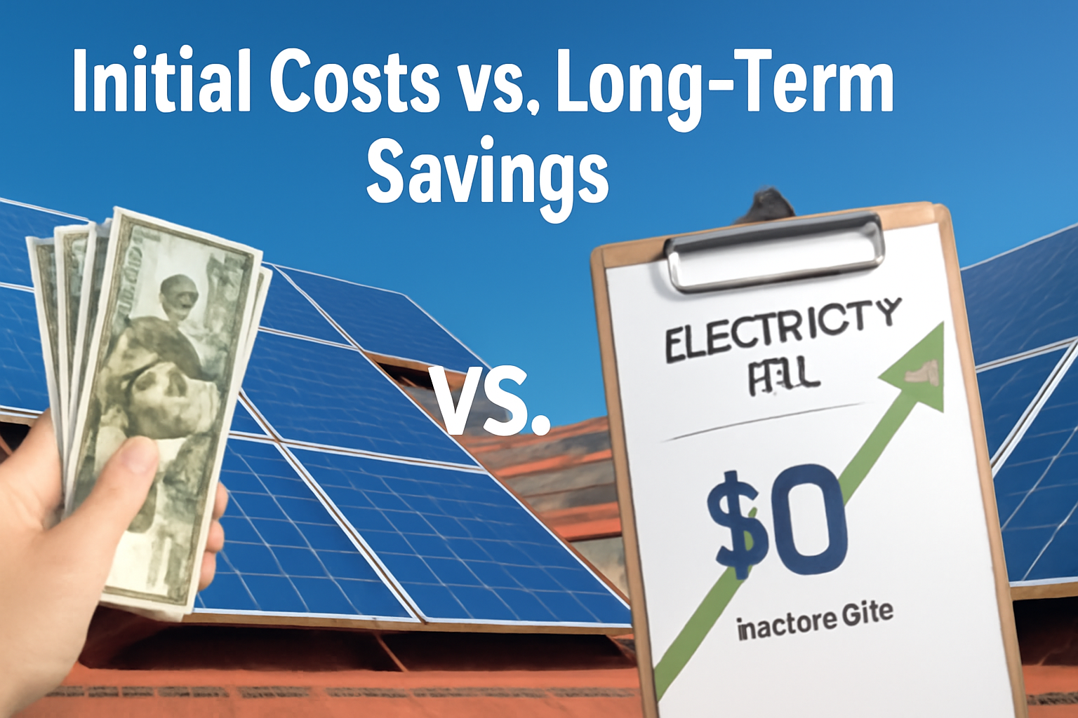 A split image showing a hand holding cash representing upfront solar panel costs on one side and a clipboard with a zero-dollar electricity bill symbolizing long-term savings on the other side, against a background of solar panels under clear blue skies.