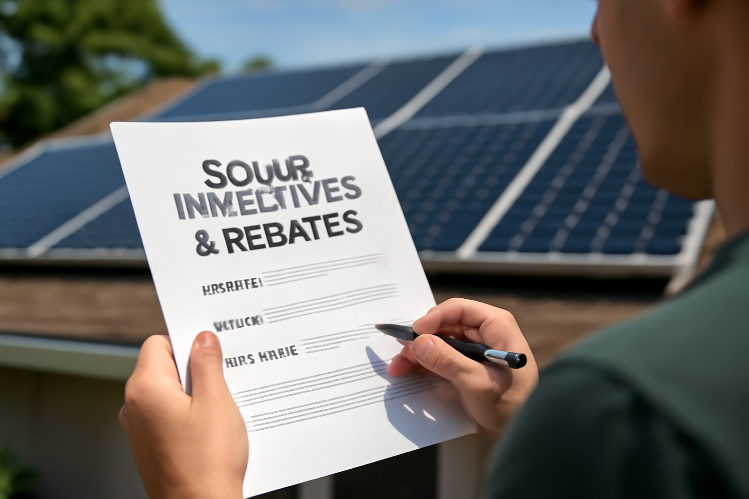 Close-up of a homeowner reviewing solar panel rebate documents with solar panels installed on the roof in the background, symbolizing government incentives and cash rebates.