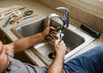 DIY step-by-step guide on how to install a kitchen sink faucet, featuring tools and a new faucet in the installation process