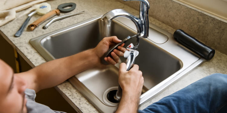 DIY step-by-step guide on how to install a kitchen sink faucet, featuring tools and a new faucet in the installation process