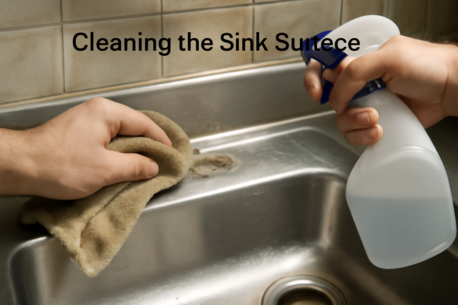 A close-up of hands cleaning the kitchen sink surface before installing a new faucet, removing old residue with a microfiber cloth and cleaning spray
