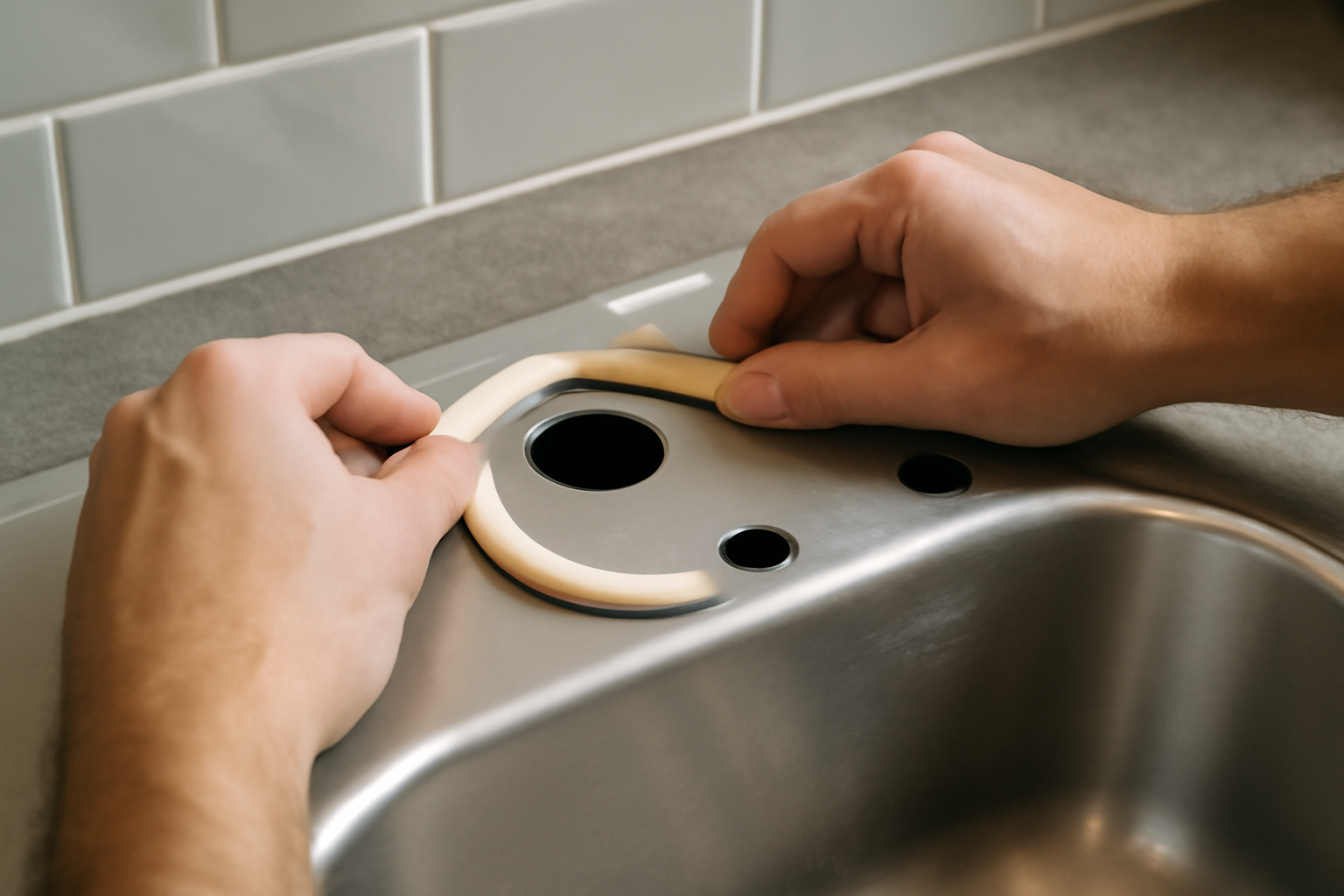 Close-up view of hands applying plumber's putty around the base of a kitchen sink hole, preparing for faucet installation