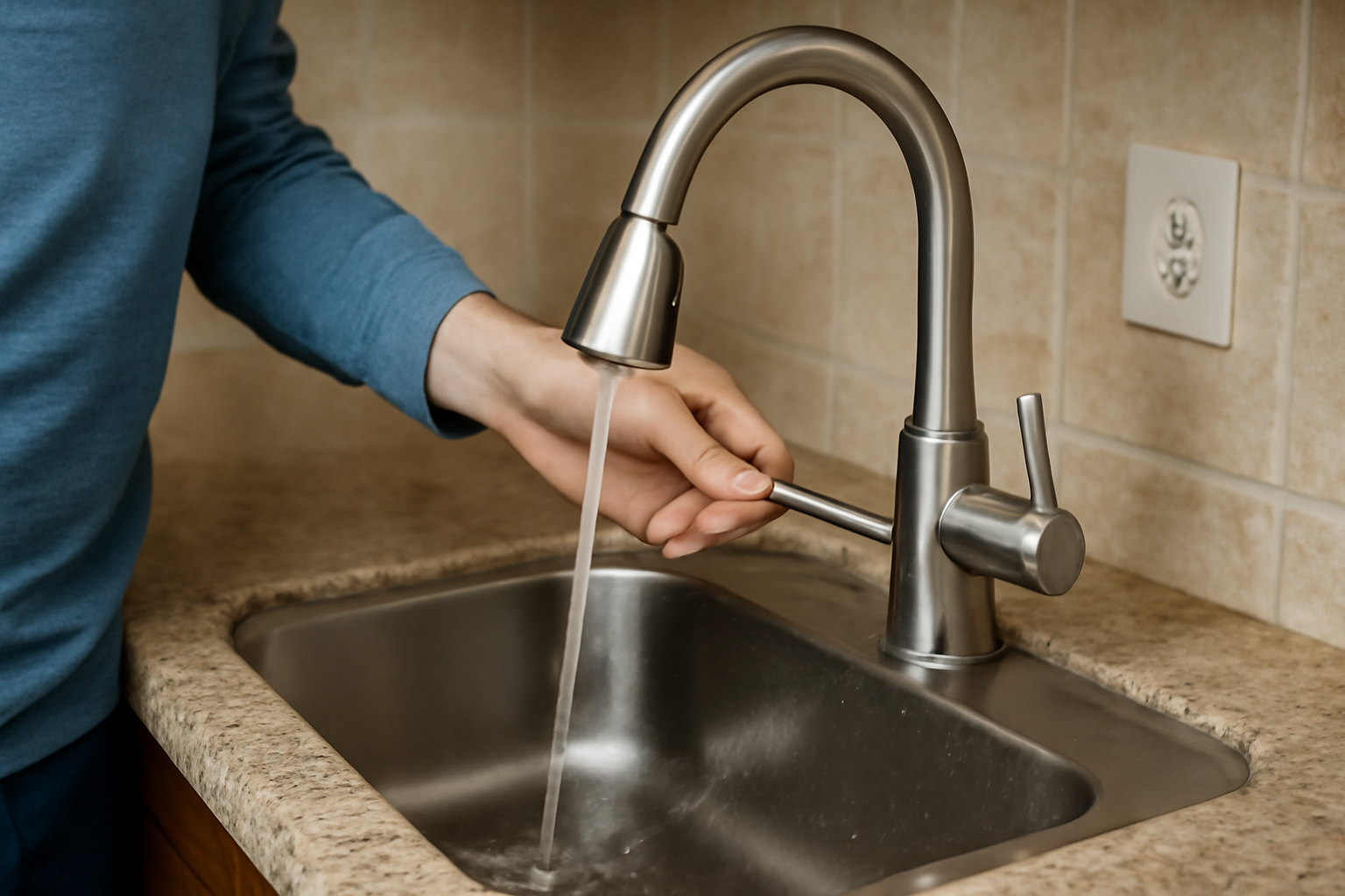 A person adjusting a sleek stainless steel faucet with water running in a modern kitchen sink.