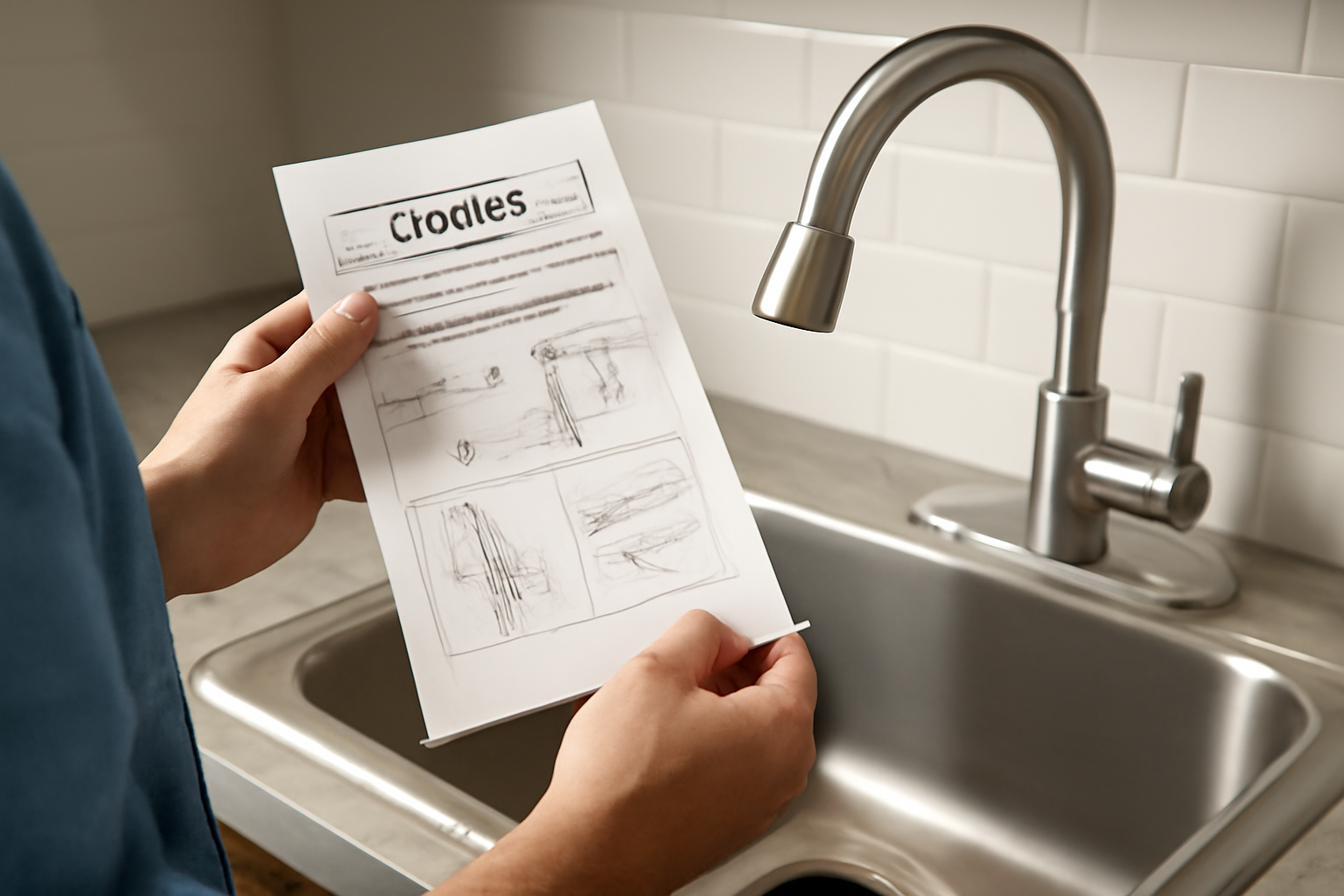 A person reading faucet installation instructions in a sleek, modern kitchen with a stainless steel sink.